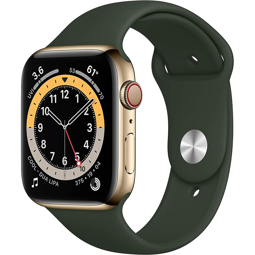 Apple Watch Series 6 (2020) GPS + Cellular 44 mm - Stainless steel Gold - Sport band Green Reconditionné - Apple refurbished available on Backmarket