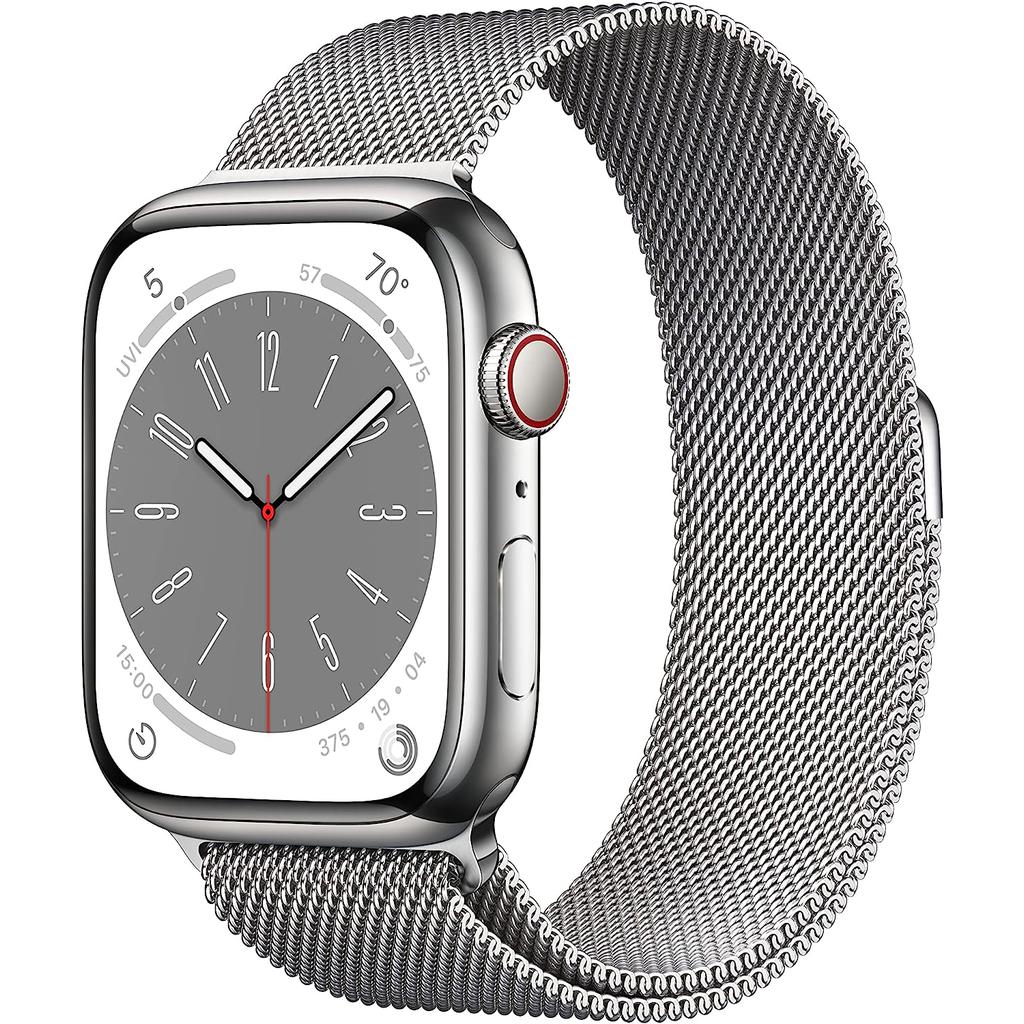 Apple Watch Series 8 (2022) GPS + Cellular 45 mm - Stainless steel Silver - Milanese loop Gray Reconditionné - Apple refurbished available on Backmarket