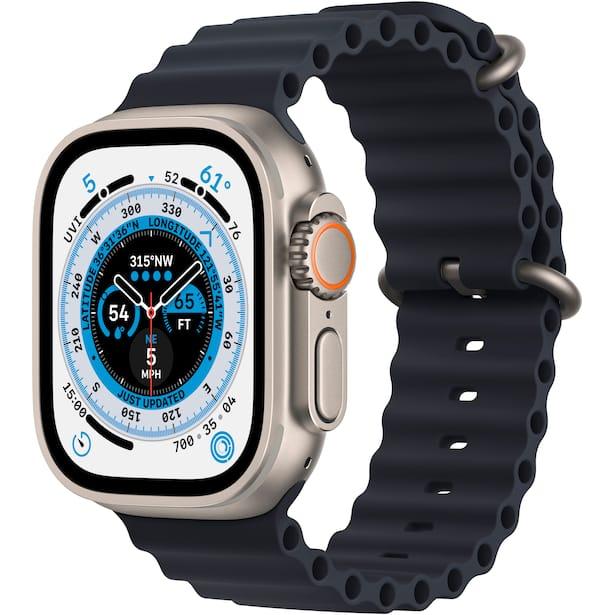 Apple Watch Ultra 2 (2023) GPS + Cellular 49 mm - Titanium Natural Titanium - Ocean band Black Reconditionné - Apple refurbished available on Backmarket