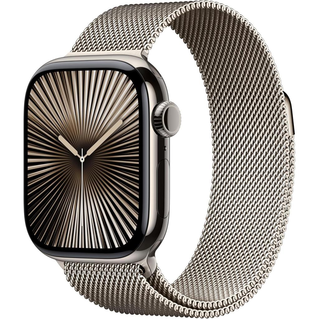 Apple Watch Series 10 (2024) GPS + Cellular 42 mm - Titanium Natural - Milanese loop Starlight Reconditionné - Apple refurbished available on Backmarket