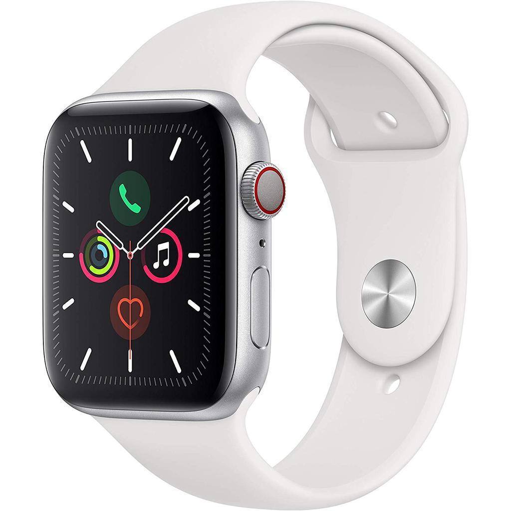 Apple Watch Series 5 (2019) GPS + Cellular 44 mm - Stainless steel Silver - Sport band White Refurbished - Apple refurbished available on Backmarket