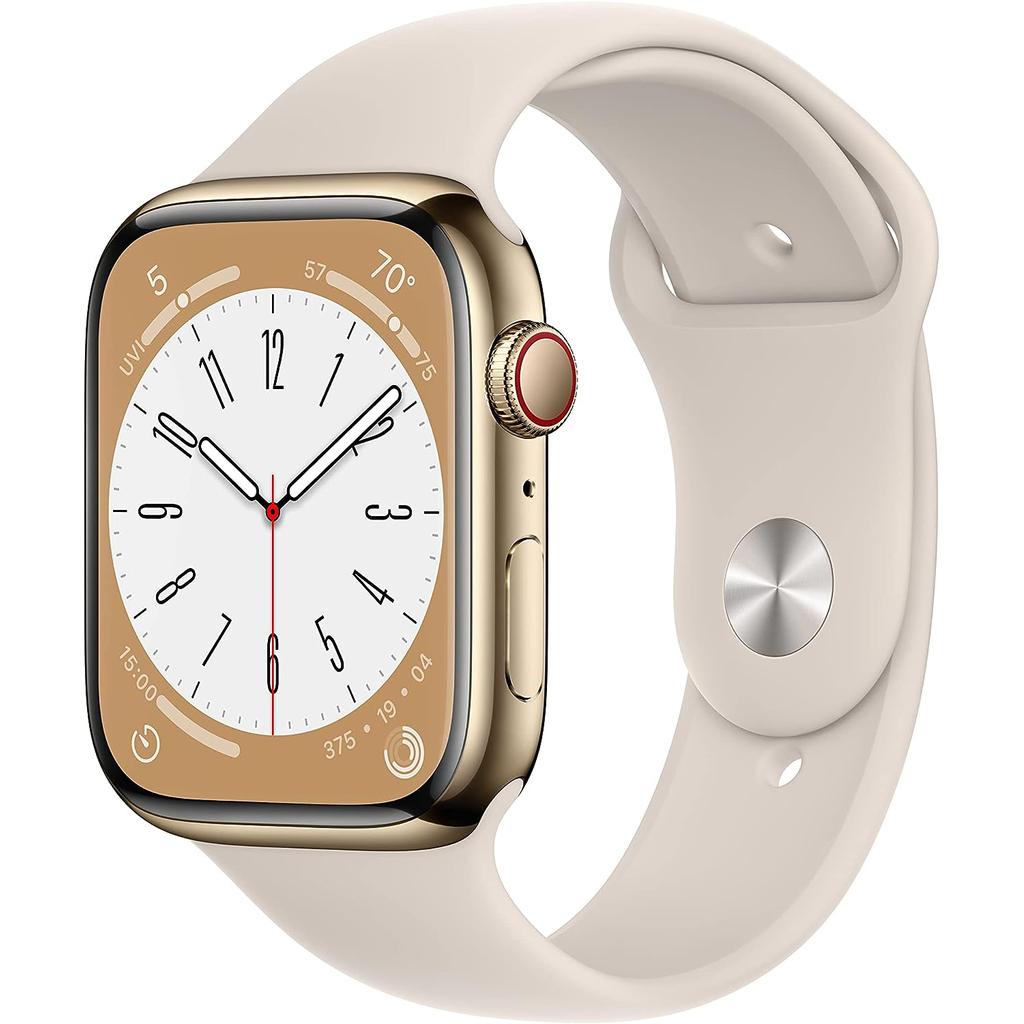 Apple Watch Series 8 (2022) GPS + Cellular 45 mm - Stainless steel Gold - Sport band Starlight Reconditionné - Apple refurbished available on Backmarket