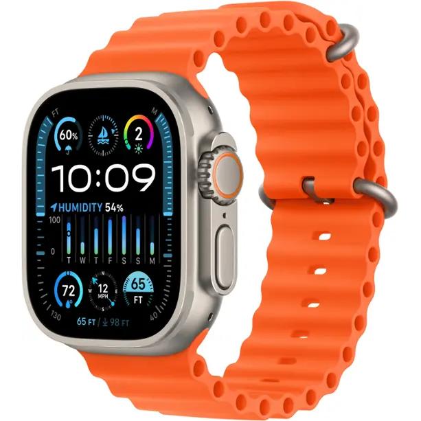 Apple Watch Ultra 2 (2023) GPS + Cellular 49 mm - Titanium Natural Titanium - Ocean band Orange Reconditionné - Apple refurbished available on Backmarket