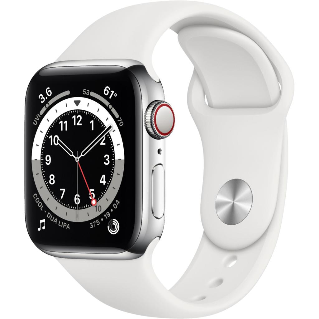 Apple Watch Series 6 (2020) GPS + Cellular 40 mm - Stainless steel Silver - Sport band White Reconditionné - Apple refurbished available on Backmarket
