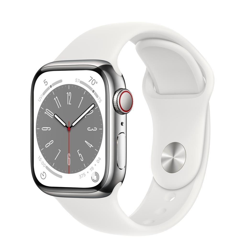 Apple Watch Series 8 (2022) GPS + Cellular 45 mm - Stainless steel Silver - Sport band White Refurbished - Apple refurbished available on Backmarket