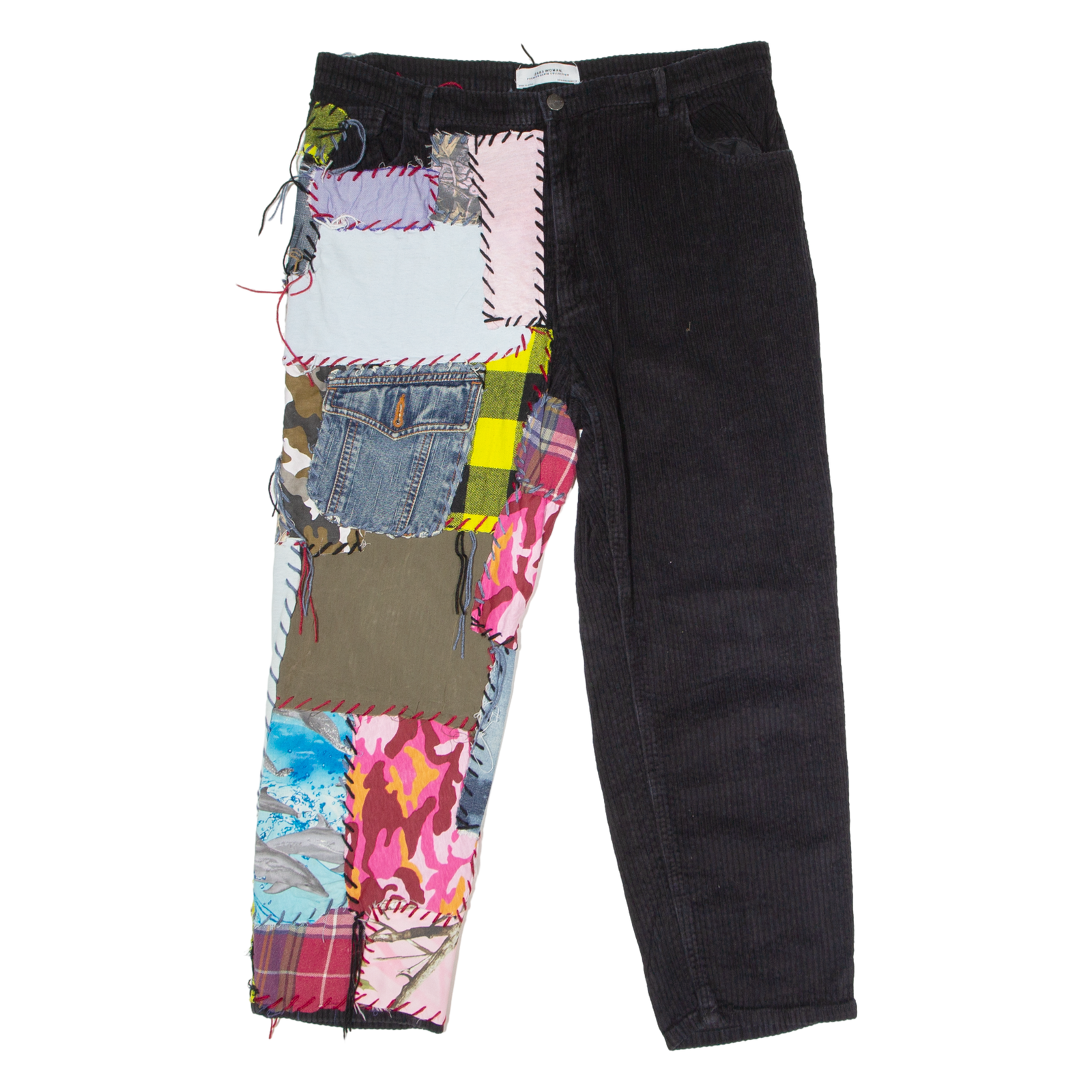 ZARA Patchwork Womens Corduroy Trousers Black Regular Mom W36 L26 Refurbished - N/A refurbished available on Cerqular