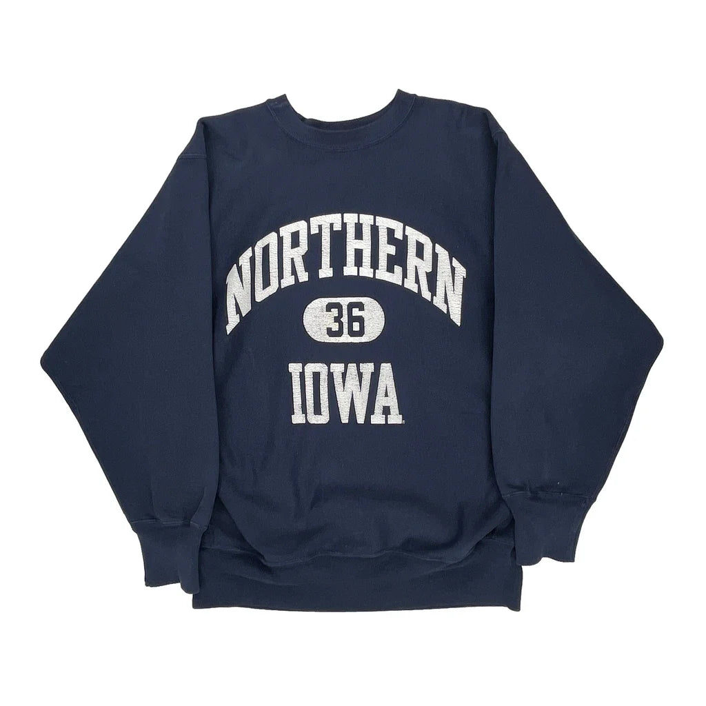 Northern Iowa Champion College Sweatshirt - XL Navy Cotton Refurbished - Thrifted (note: this is a term often used to describe second- refurbished available on Cerqular