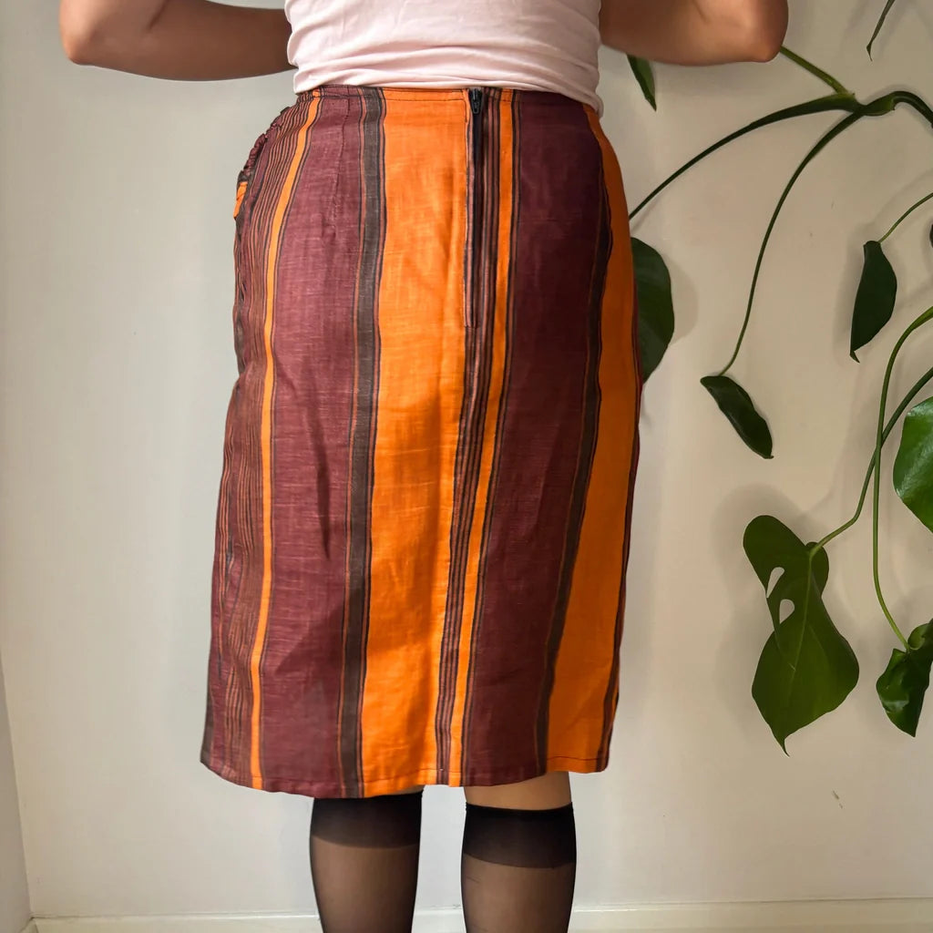 Giorgio Incontri Striped Midi Skirt - 26W UK 6 Orange Cotton Blend Refurbished - Thrifted (note: this is a term often used to describe second- refurbished available on Cerqular