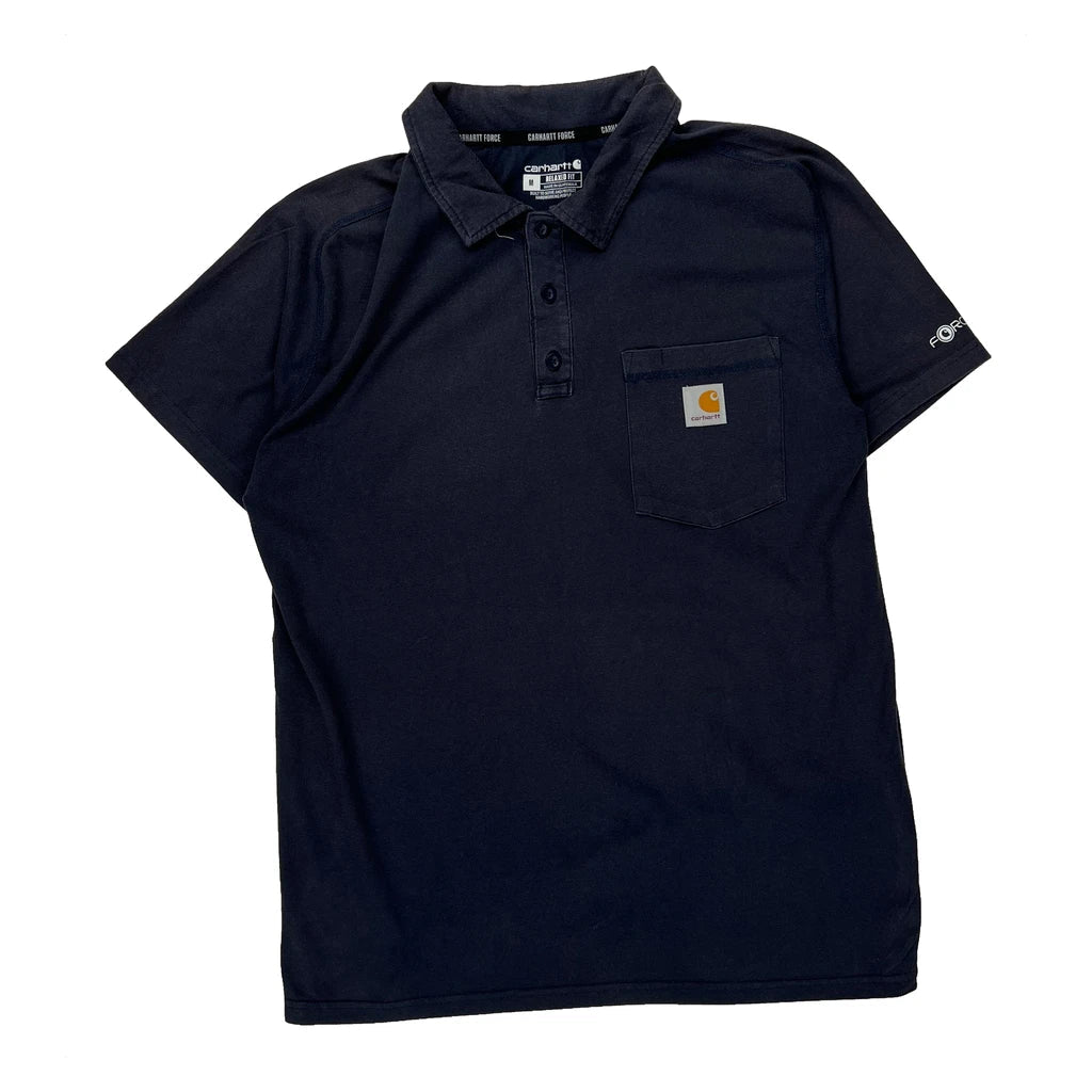 Force Carhartt Polo Shirt - Medium Navy Cotton Refurbished - Thrifted (note: this is a term often used to describe second- refurbished available on Cerqular