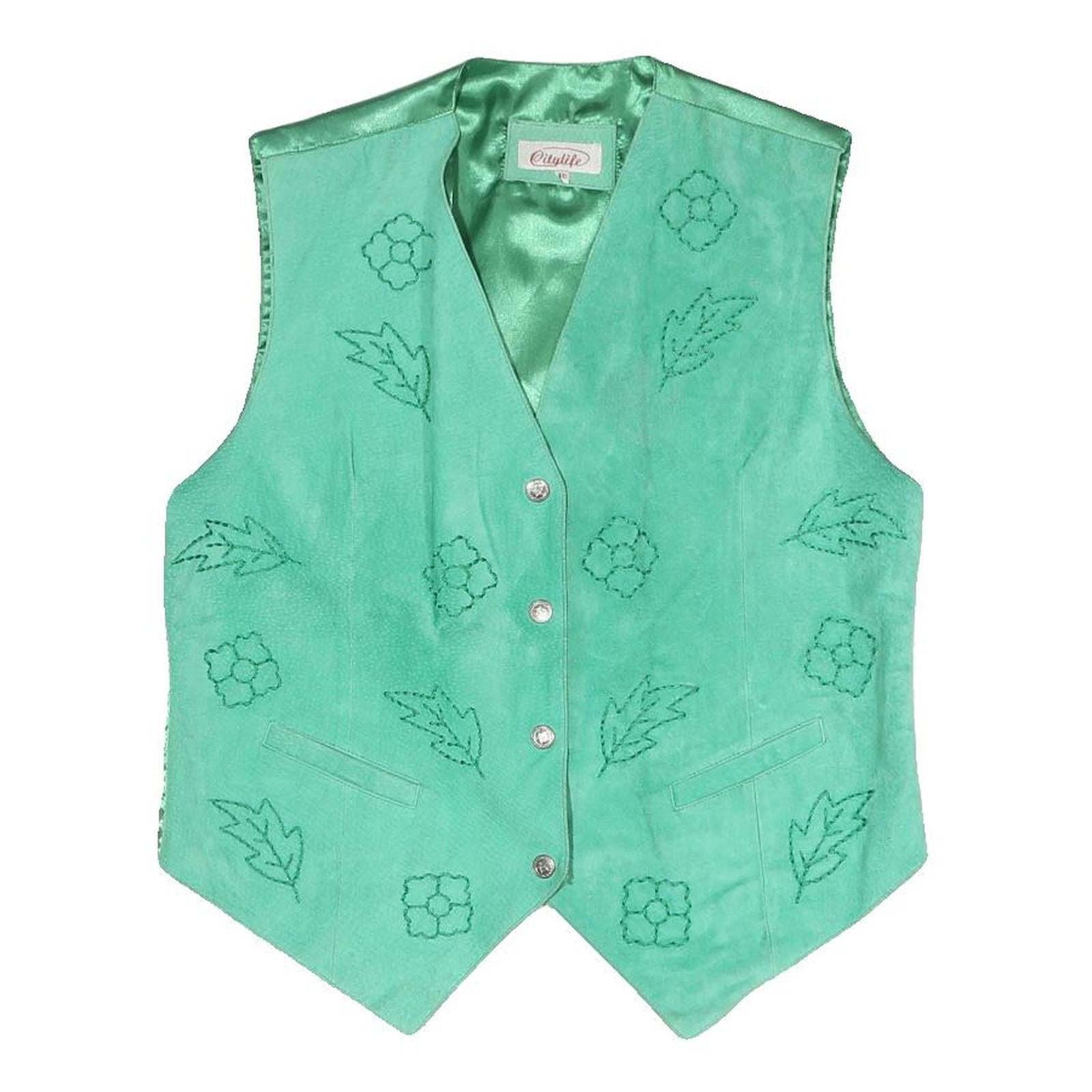 CITY LIFE Womens Green Embroidered Button Jacket M Polyester Blend Vest Refurbished - N/A refurbished available on Cerqular