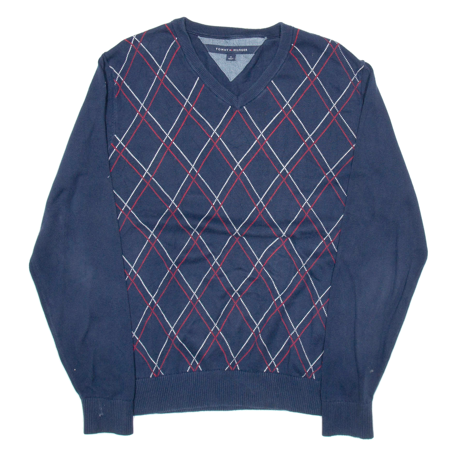 TOMMY HILFIGER Mens Patterned Jumper Blue Argyle V-Neck Tight Knit M Refurbished - N/A refurbished available on Cerqular