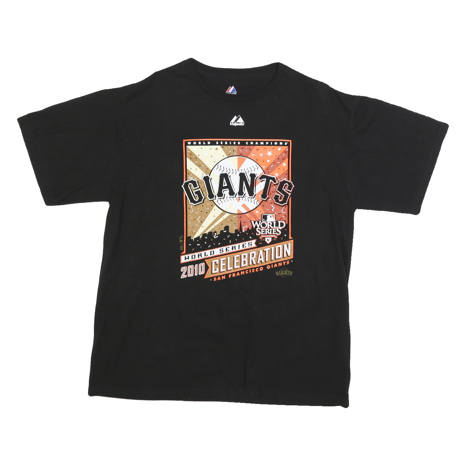MAJESTIC Mens Black Giants World Series Celebration T-Shirt L Short Sleeve Crew Refurbished - N/A refurbished available on Cerqular