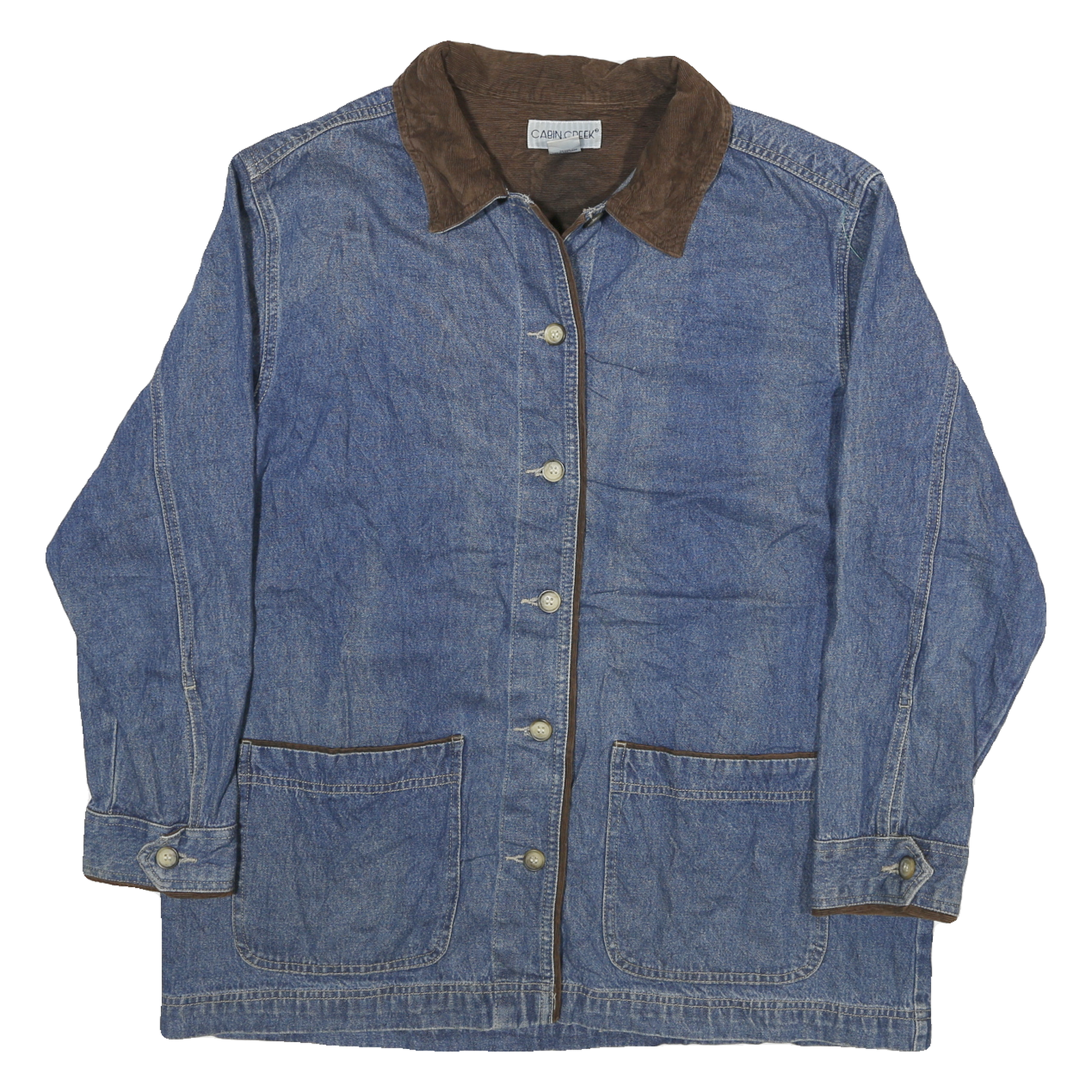 CABIN CREEK Womens Blue & Brown Cotton Denim Jacket L Button Closure Casual Refurbished - N/A refurbished available on Cerqular