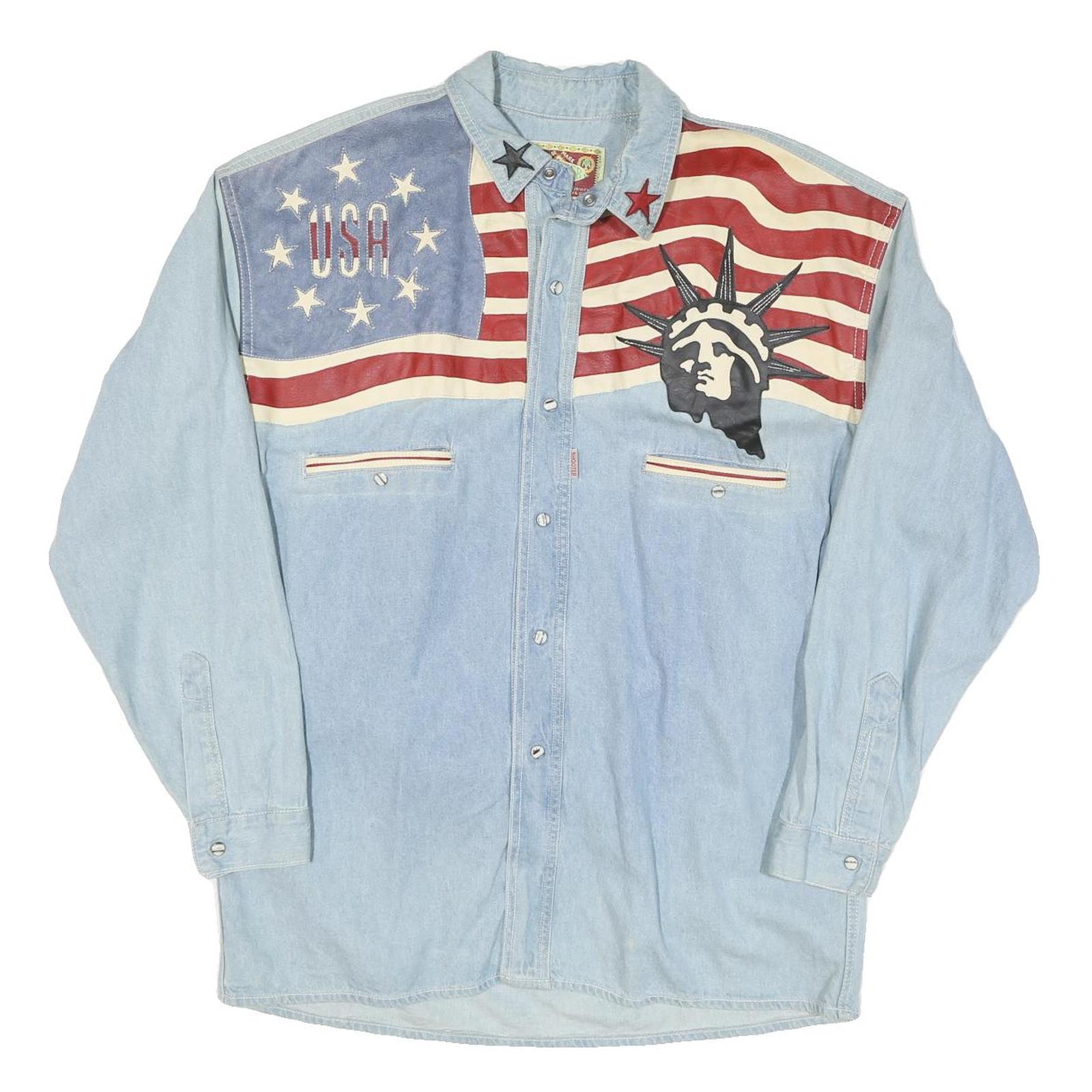 SHOOTER Mens Blue & Red Patriotic Denim Shirt M Button Front Statue Of Liberty Refurbished - N/A refurbished available on Cerqular