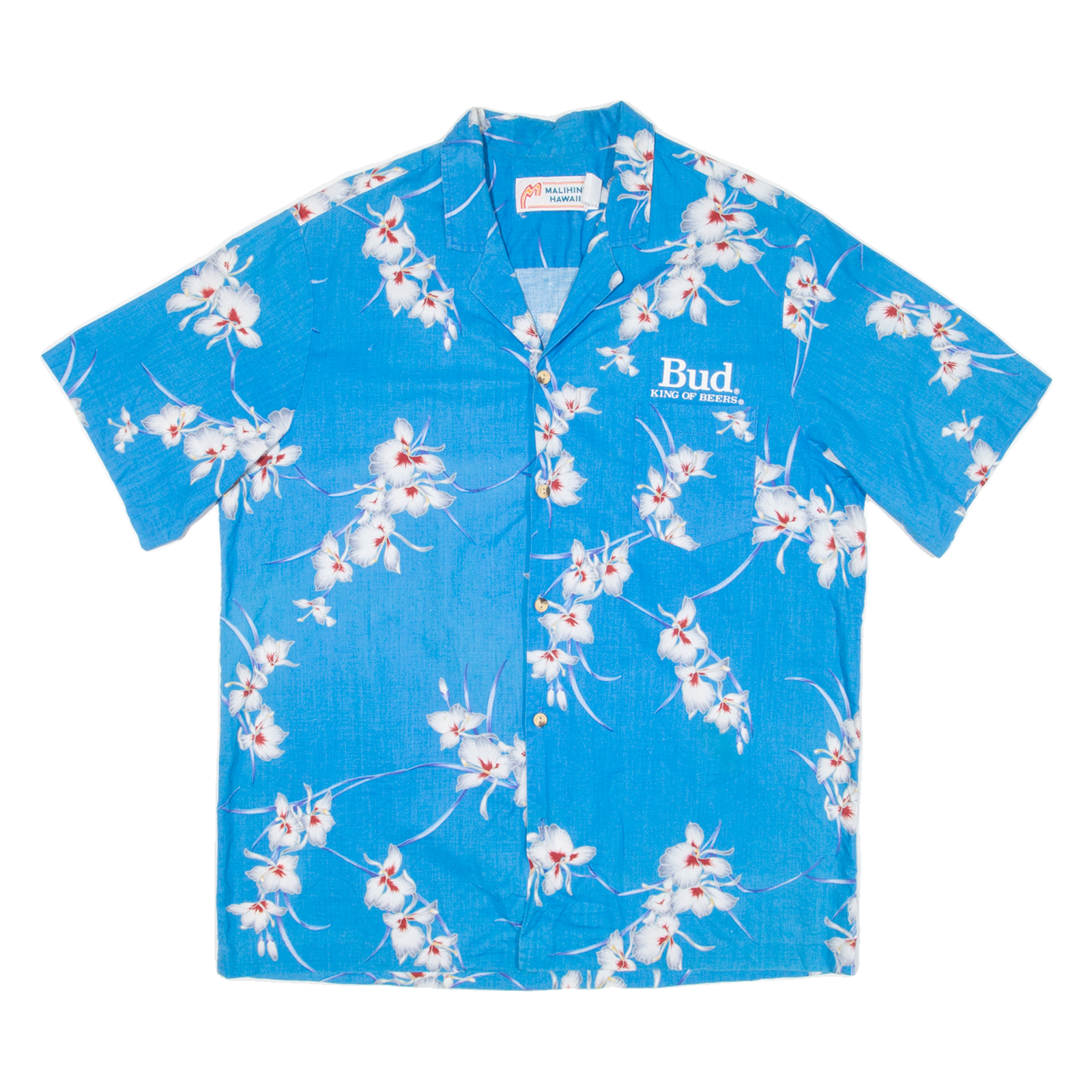 Bud King Of Beers Mens Hawaiian Shirt Blue Floral L Refurbished - N/A refurbished available on Cerqular