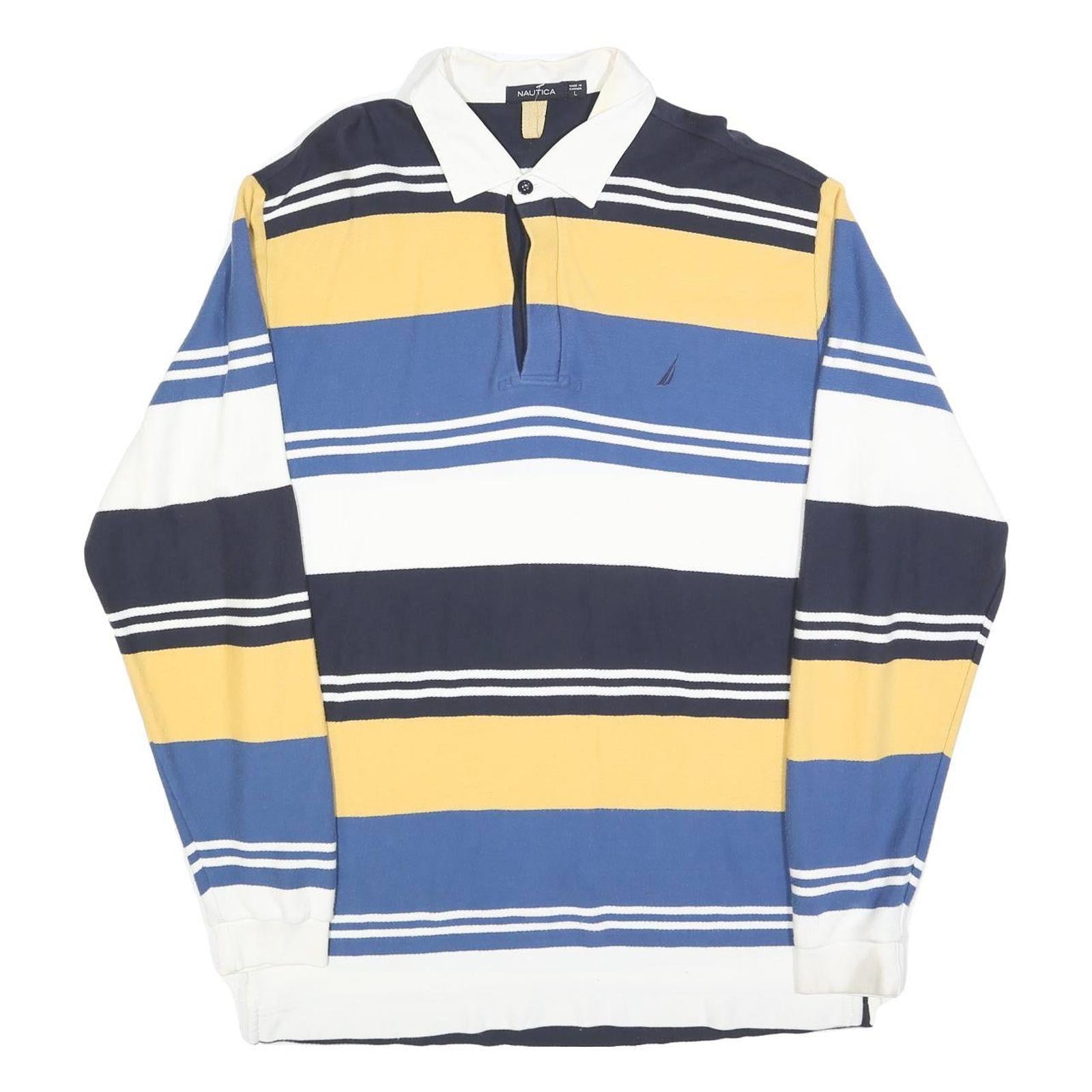 NAUTICA Mens Blue & Yellow Long Sleeve Striped Polo Shirt L Cotton Blend Casual Refurbished - N/A refurbished available on Cerqular