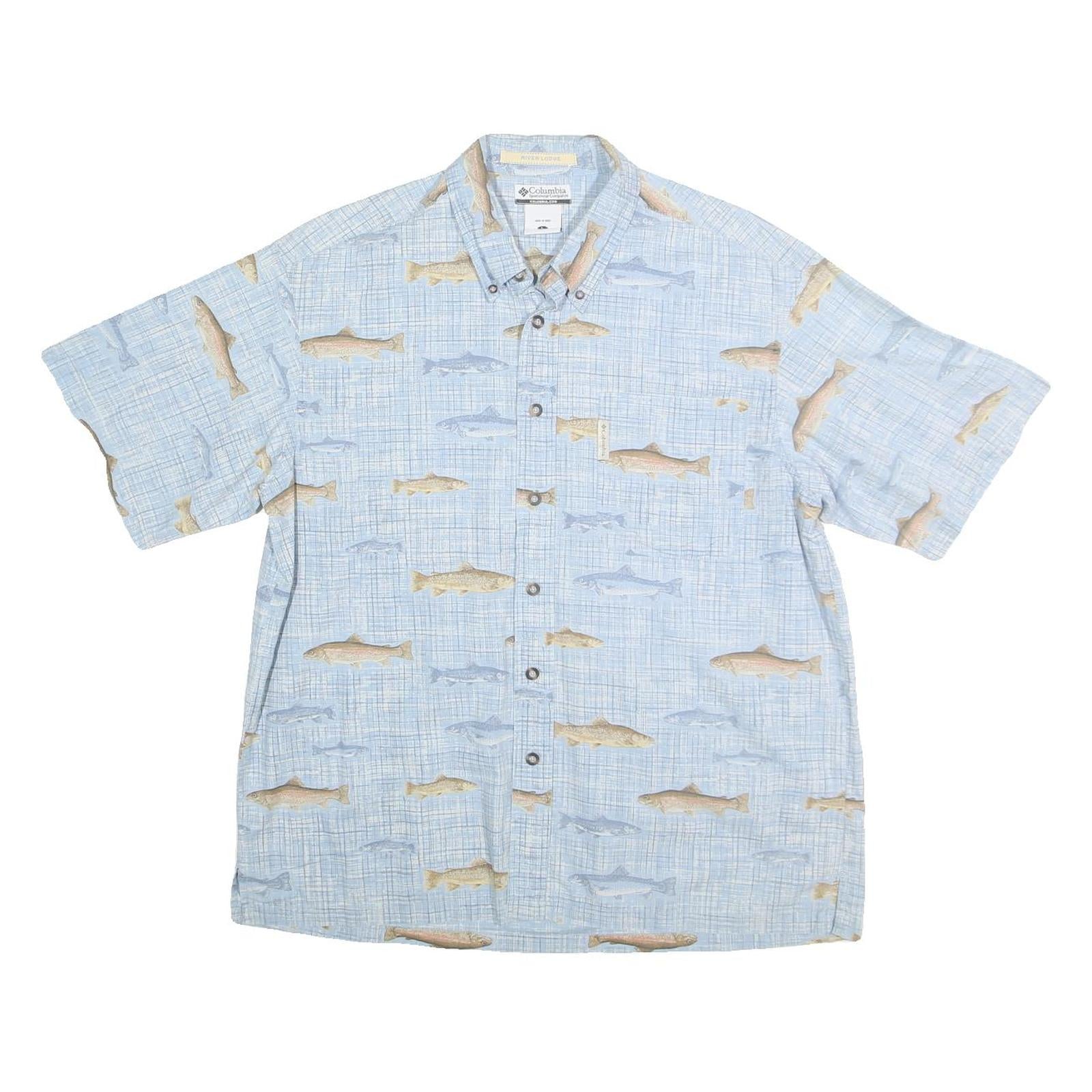 COLUMBIA Mens Blue & Beige Fish Print Cotton Shirt L Casual Outdoor Button-Down Refurbished - N/A refurbished available on Cerqular