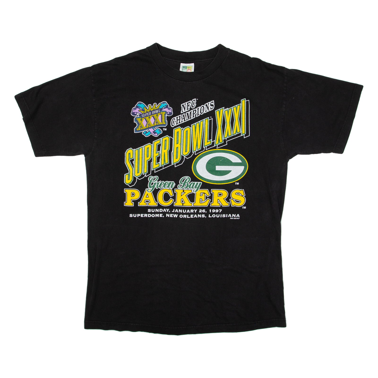 COTTON WISE Green Bay Packers 1997 Super Bowl Mens T-Shirt Black 90s USA L Refurbished - N/A refurbished available on Cerqular
