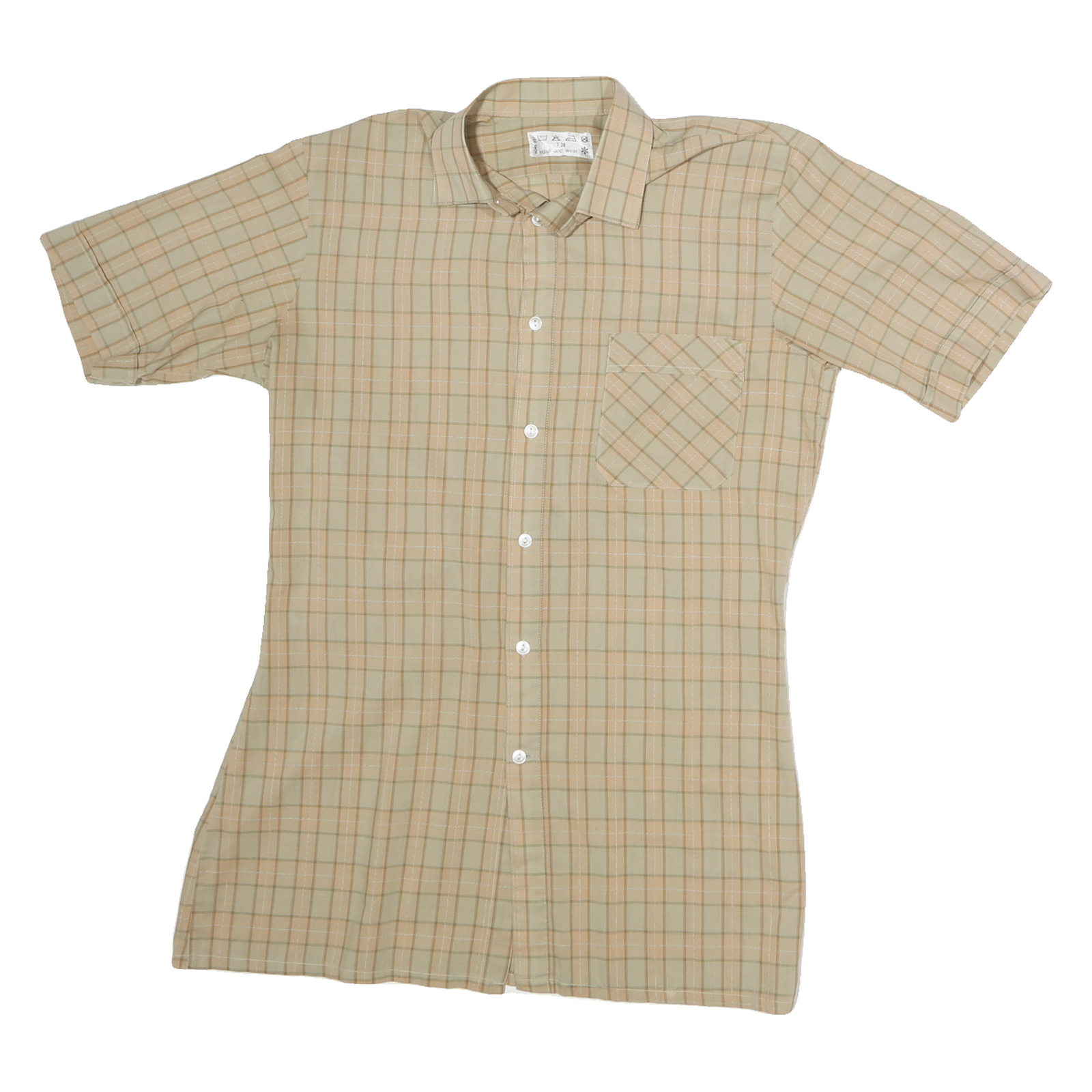 Mens Beige Check Cotton Shirt M Short Sleeve Casual Lightweight Pocket Refurbished - N/A refurbished available on Cerqular