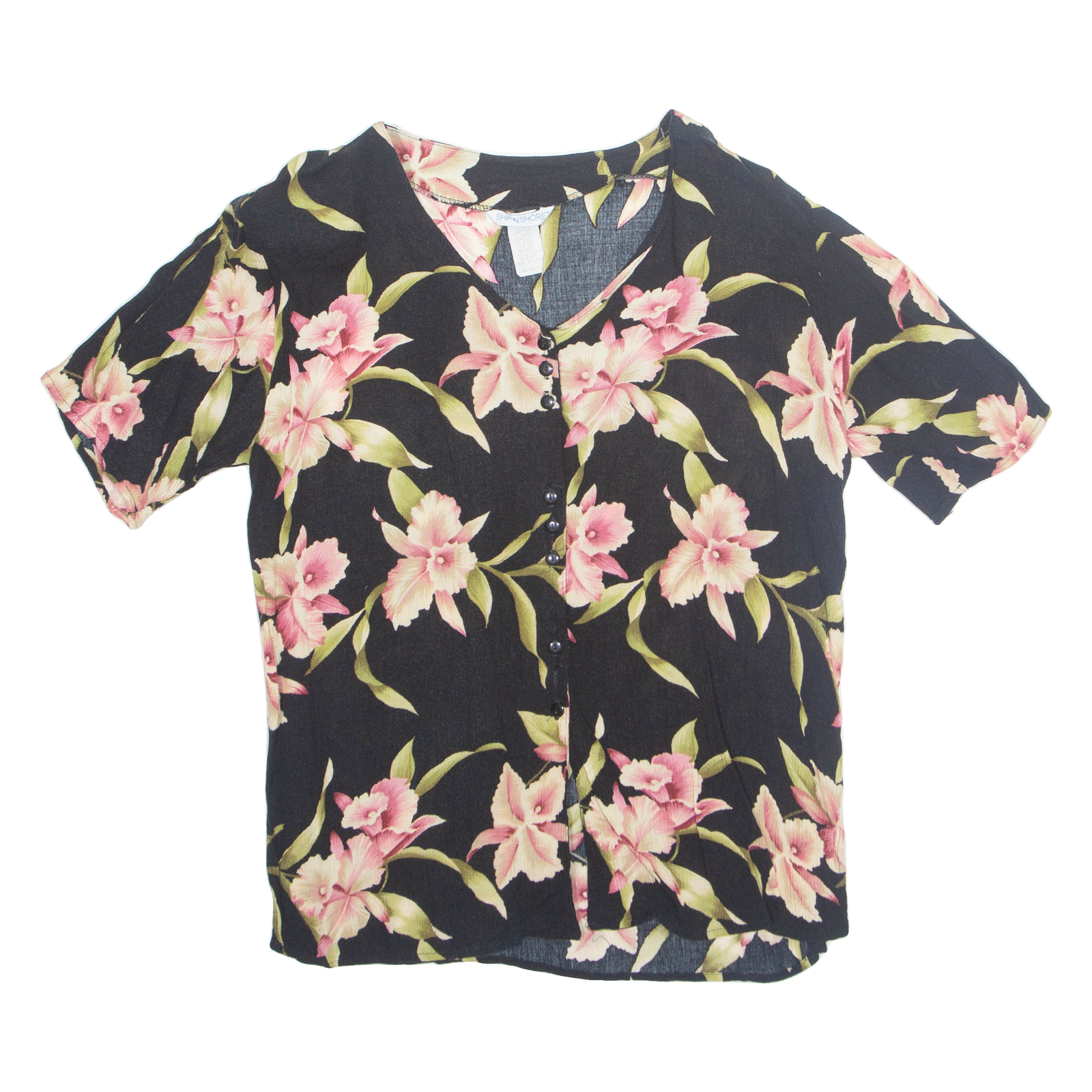 Womens Printed Top Black V-Neck Floral L Refurbished - N/A refurbished available on Cerqular