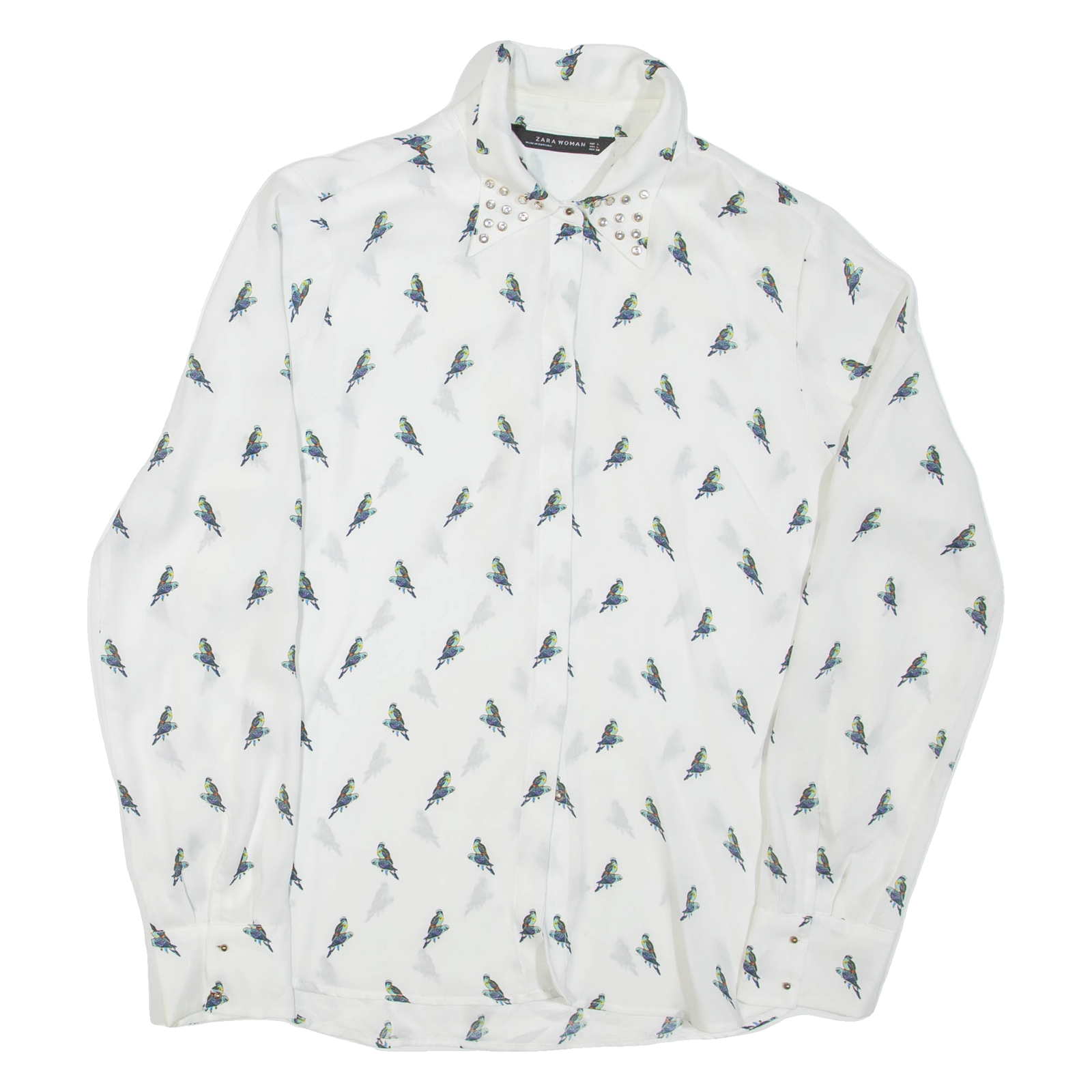 ZARA Bird Womens Printed Shirt White Collared Long Sleeve L Refurbished - N/A refurbished available on Cerqular