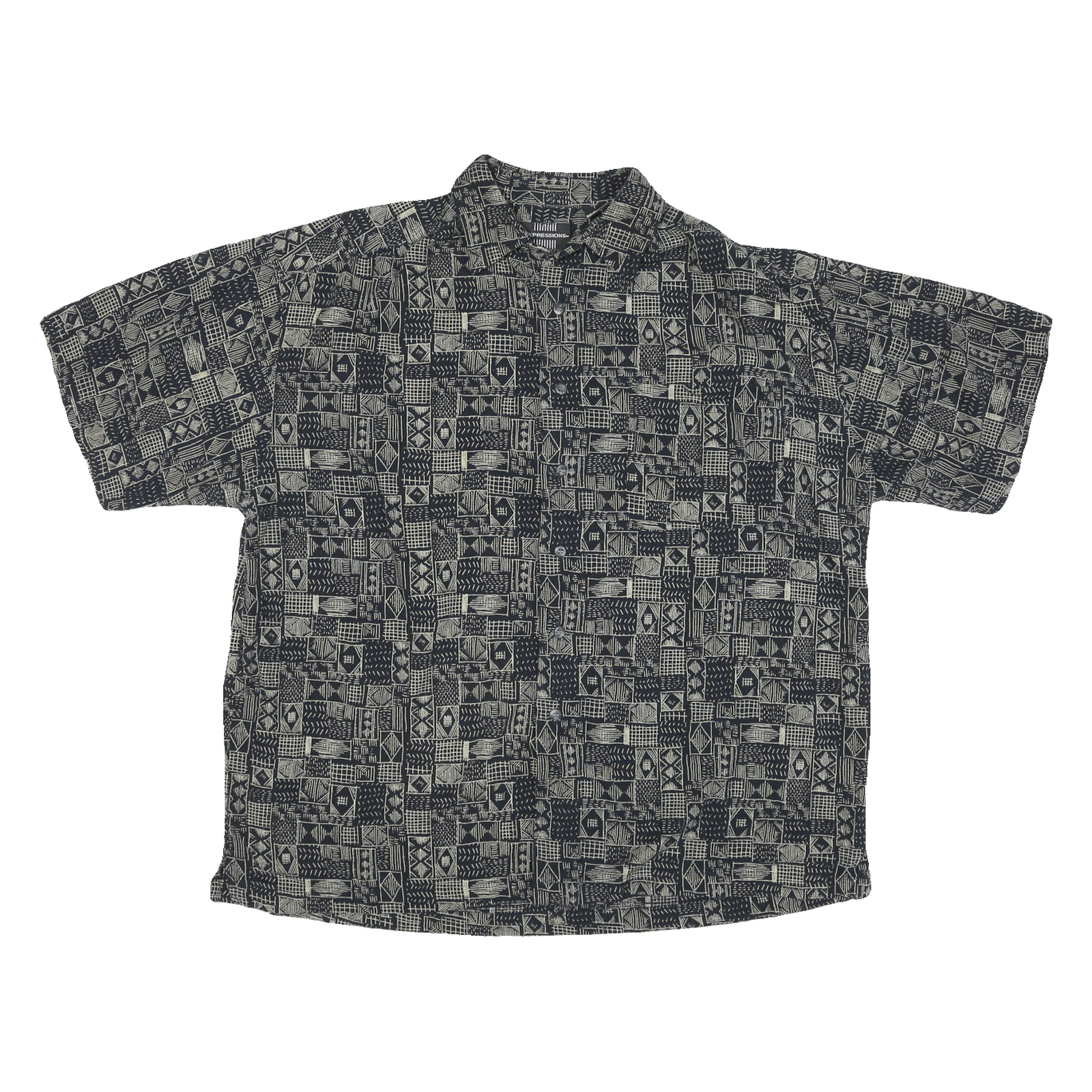 EXPRESSIONS Mens Black & Grey Patterned Short Sleeve Shirt L Cotton Blend Casual Refurbished - N/A refurbished available on Cerqular