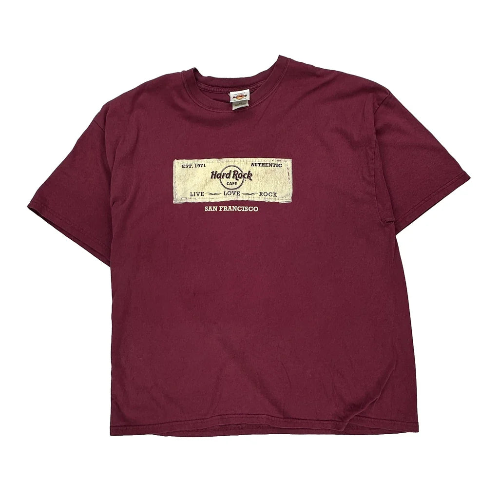 San Francisco Hard Rock Cafe Graphic T-Shirt - 2XL Burgundy Cotton Refurbished - Thrifted (note: this is a term often used to describe second- refurbished available on Cerqular