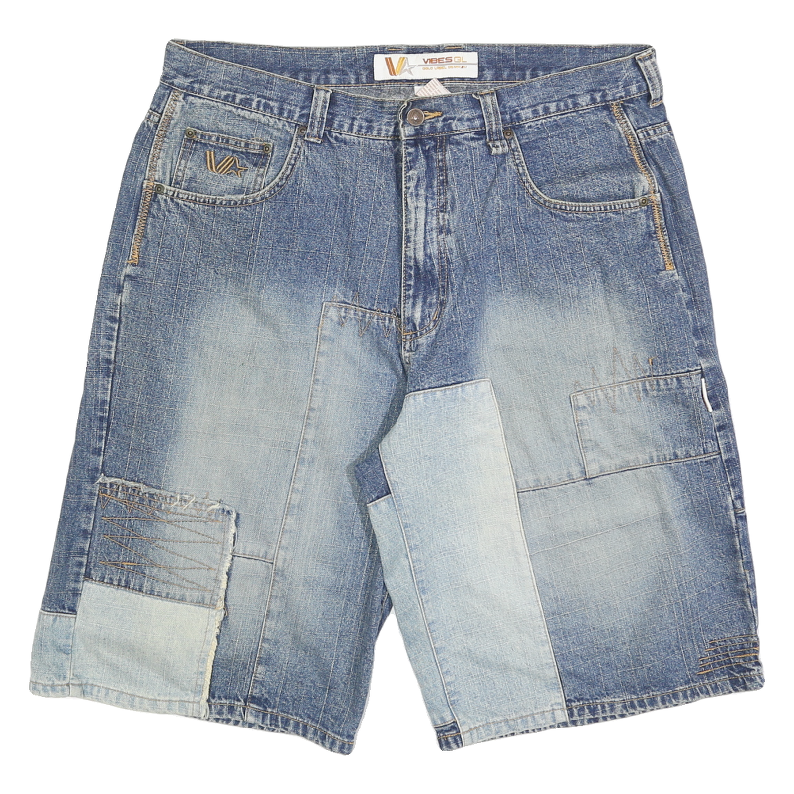 VIBES GL Mens Denim Blue Patchwork Casual Shorts L W36 Stylish Design Refurbished - N/A refurbished available on Cerqular