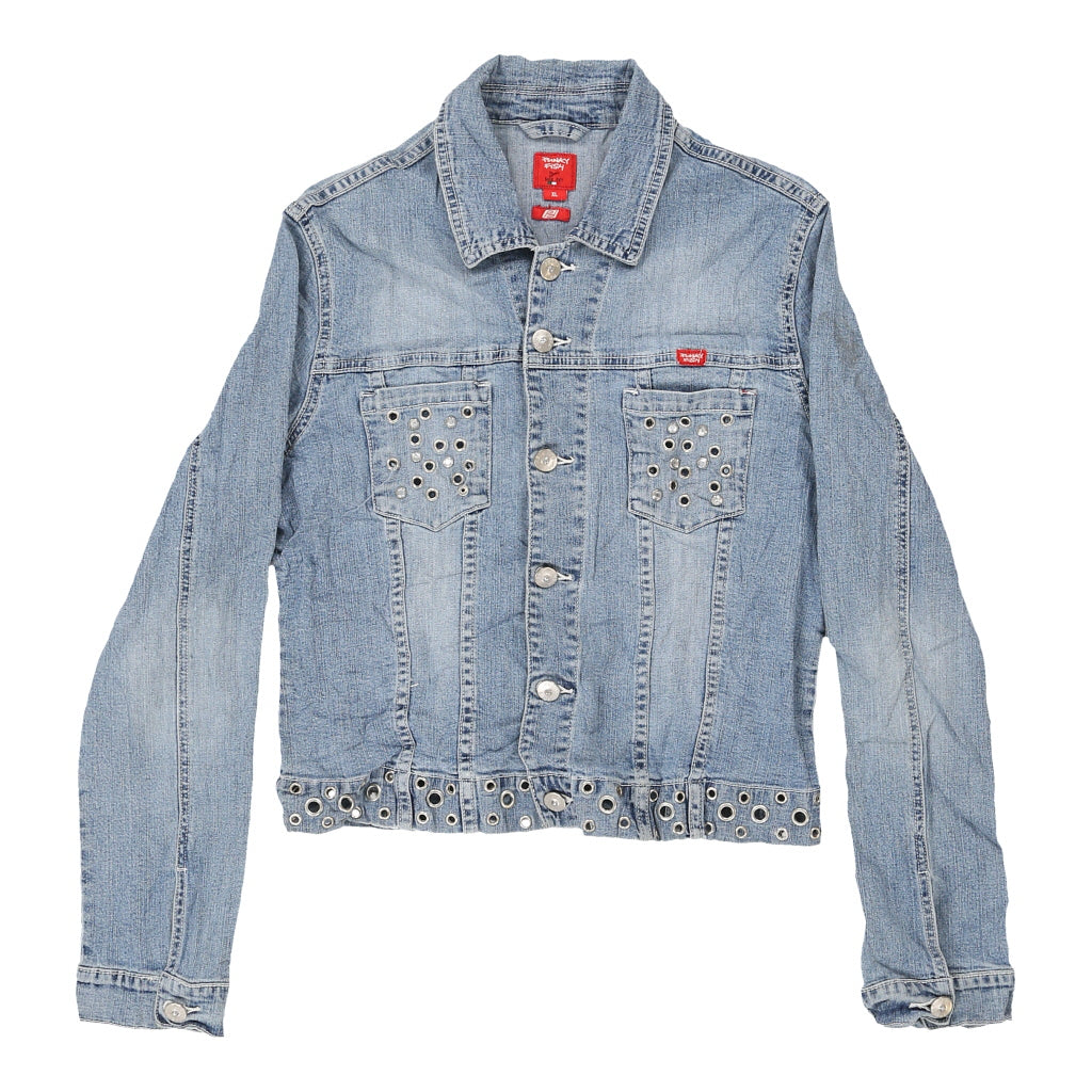 Y2K Punky Fish Denim Jacket - XL Blue Cotton Refurbished - Thrifted (note: this is a term often used to describe second- refurbished available on Cerqular