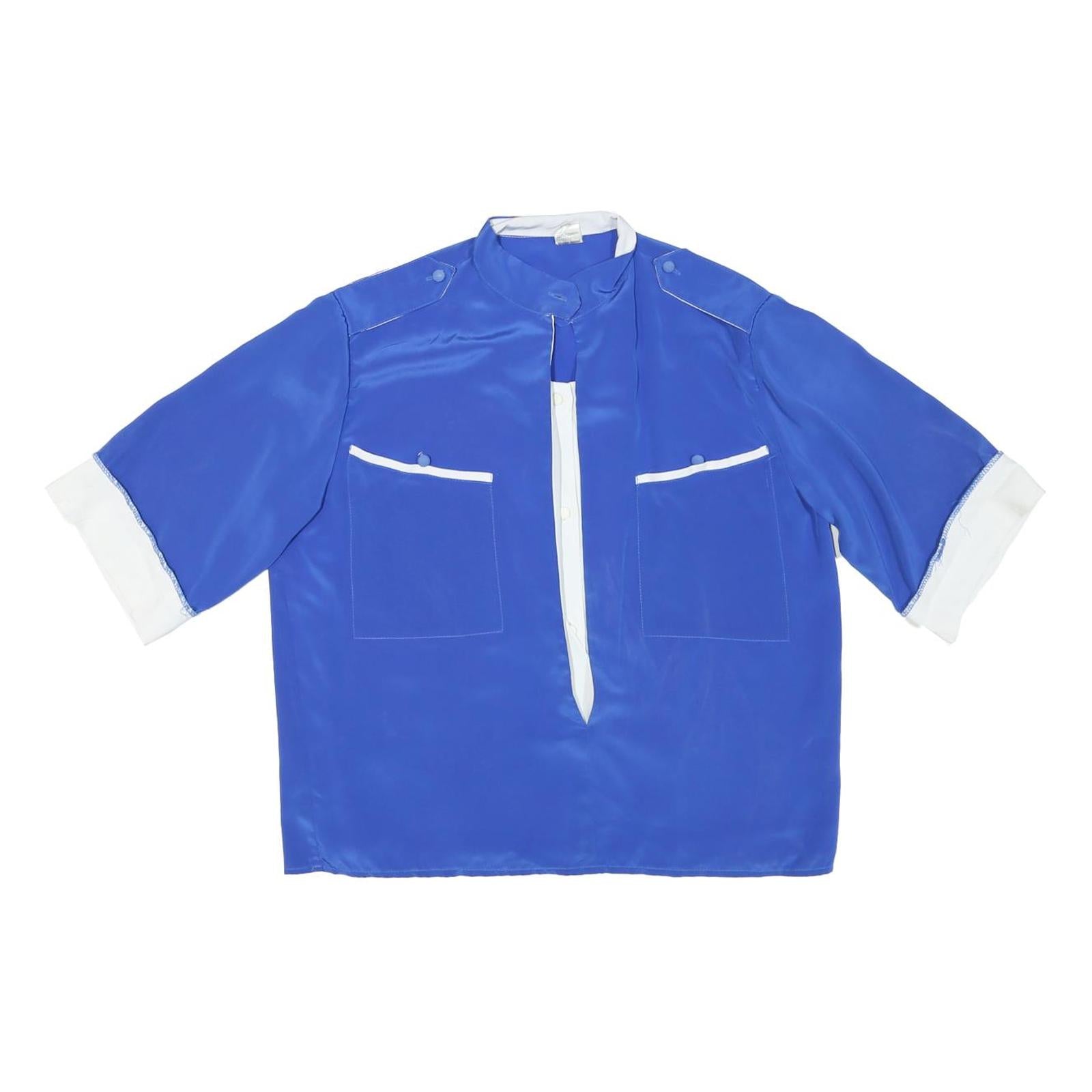 Womens Blue & White Plain Top Short Sleeve Stand-Up Collar Button Closure M Refurbished - N/A refurbished available on Cerqular