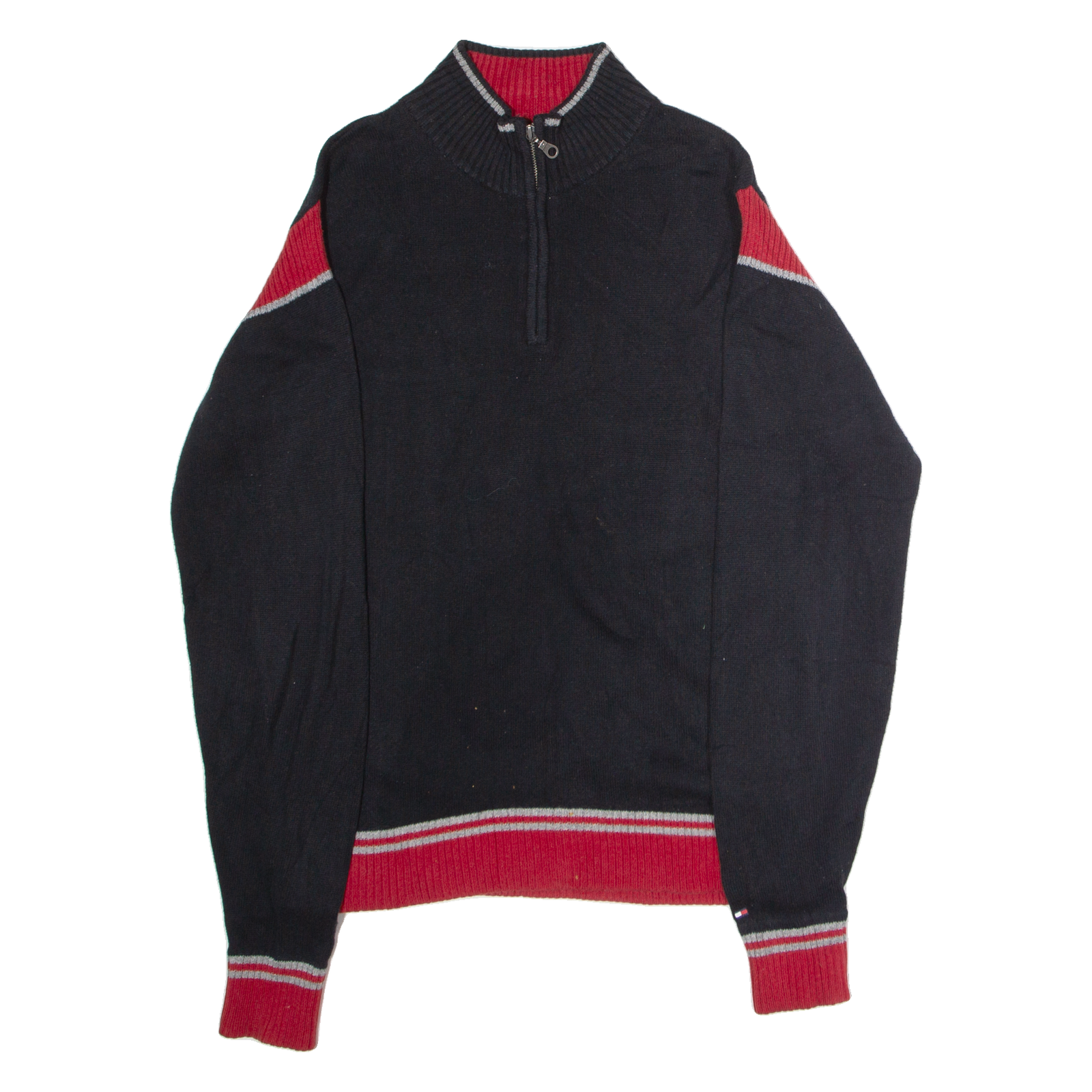 TOMMY HILFIGER Mens Patterned Jumper Black Colourblock 1/4 Zip Tight Knit Wool L Refurbished - N/A refurbished available on Cerqular