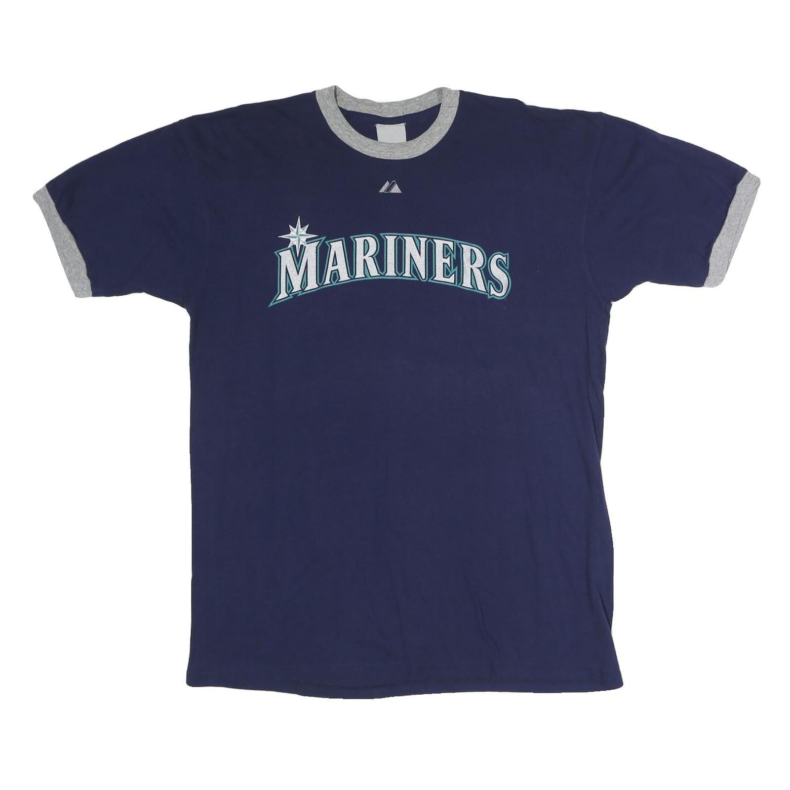MAJESTIC Mens Blue & Grey Mariners Graphic Short Sleeve Crew Neck L T-Shirt Refurbished - N/A refurbished available on Cerqular