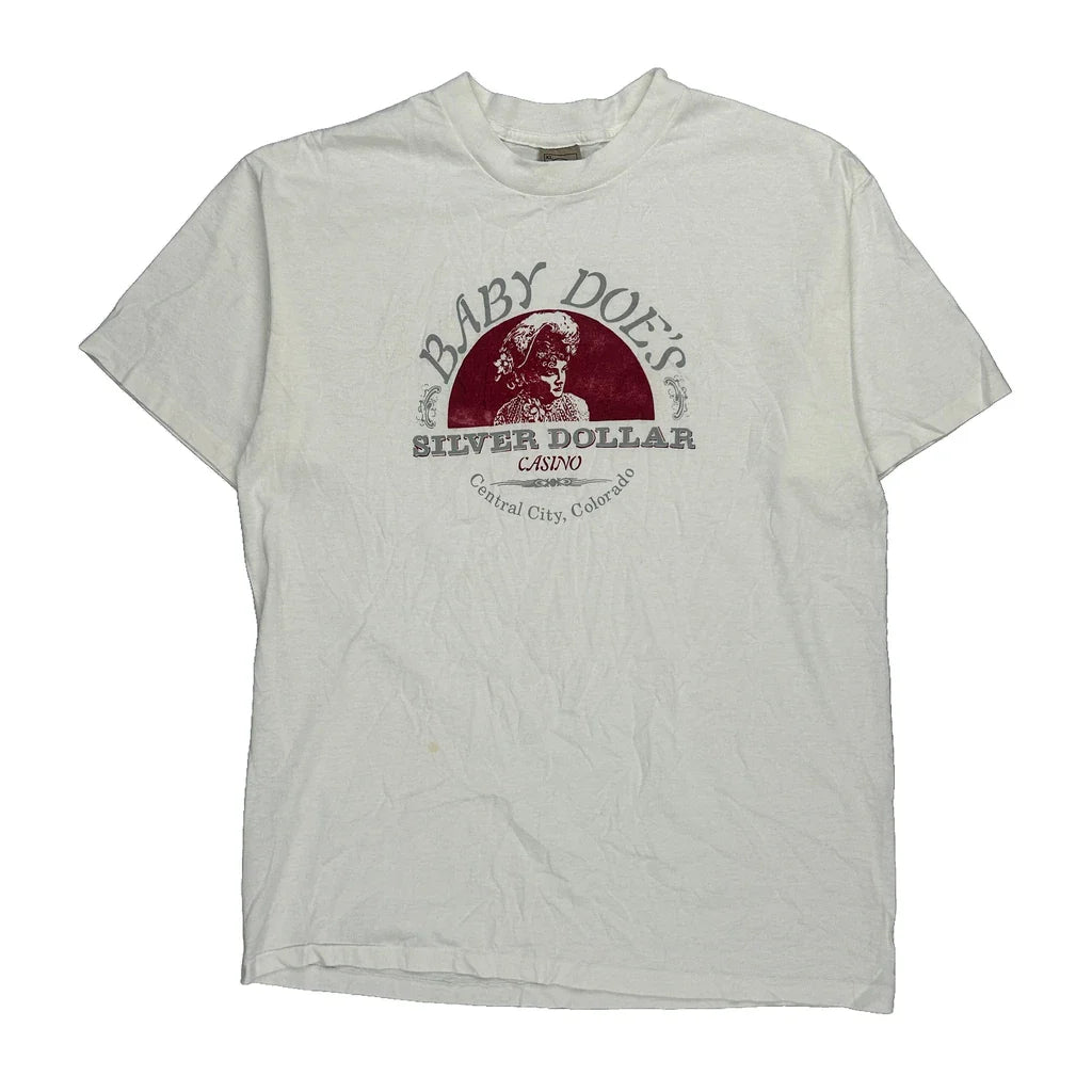Silver Dollar Casino Delta Single Stitch T-Shirt - XL White Cotton Refurbished - Thrifted (note: this is a term often used to describe second- refurbished available on Cerqular