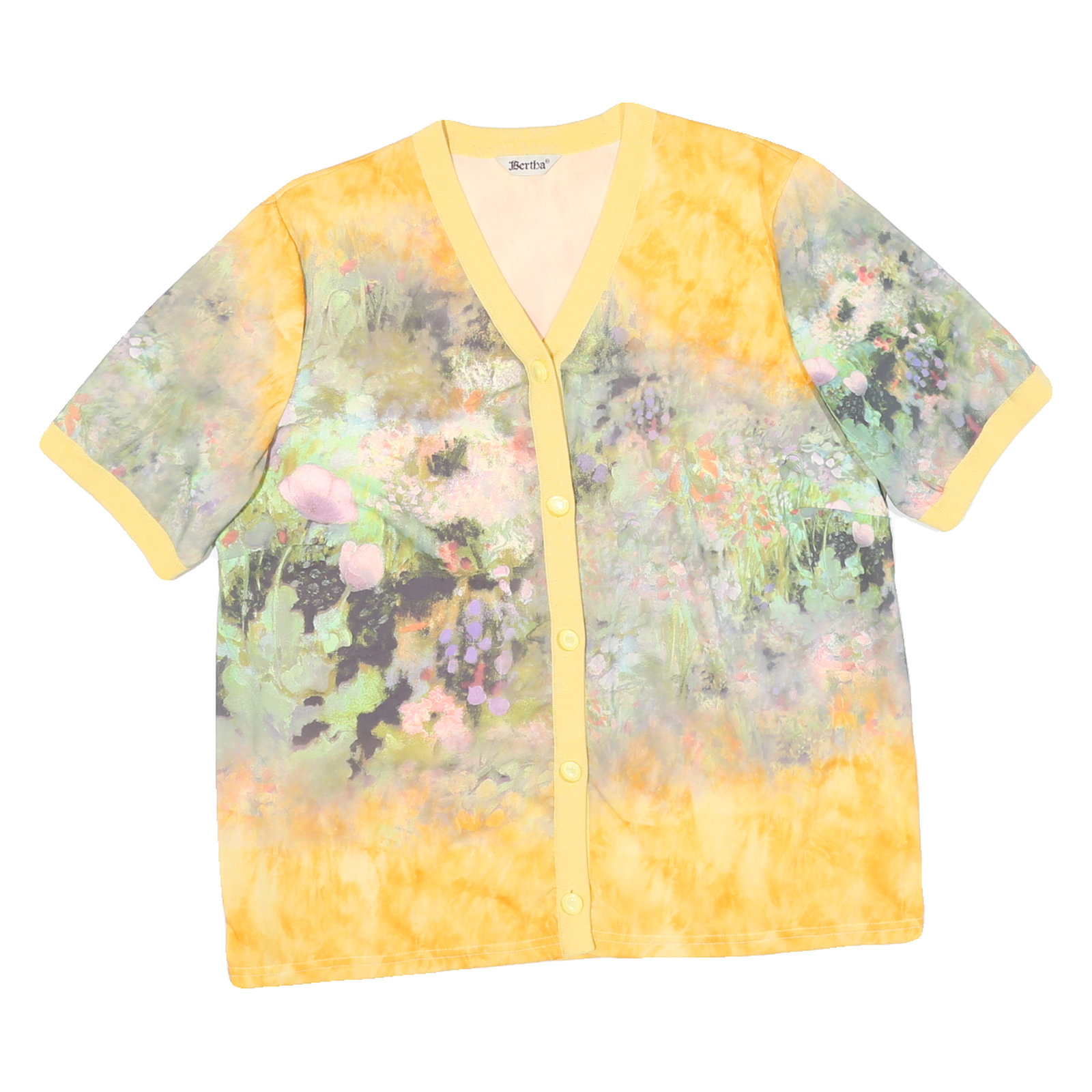 BERTHA Womens Yellow Floral Button Short Sleeve V-Neck Polyester Blend Top M Refurbished - N/A refurbished available on Cerqular