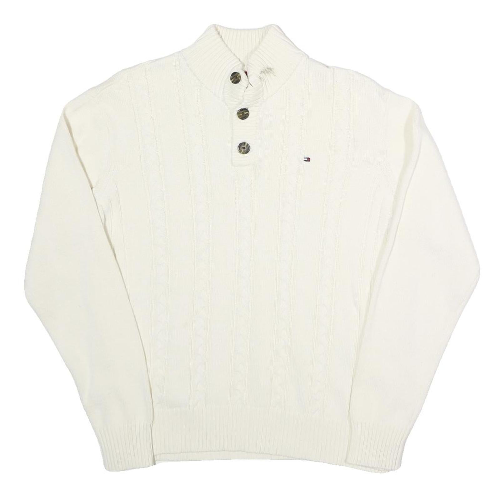 TOMMY HILFIGER Womens White Cable Knit Cotton Pullover Roll Neck Jumper L Button Refurbished - N/A refurbished available on Cerqular