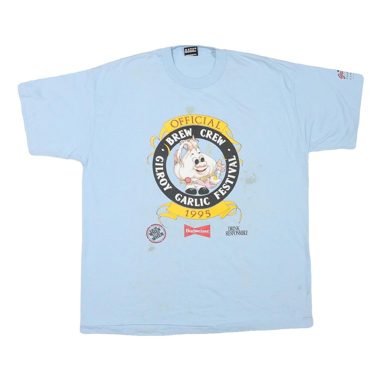 THE BEST Mens Light Blue Official Brew Crew Gilroy Garlic Festival 1995 T-Shirt Refurbished - N/A refurbished available on Cerqular