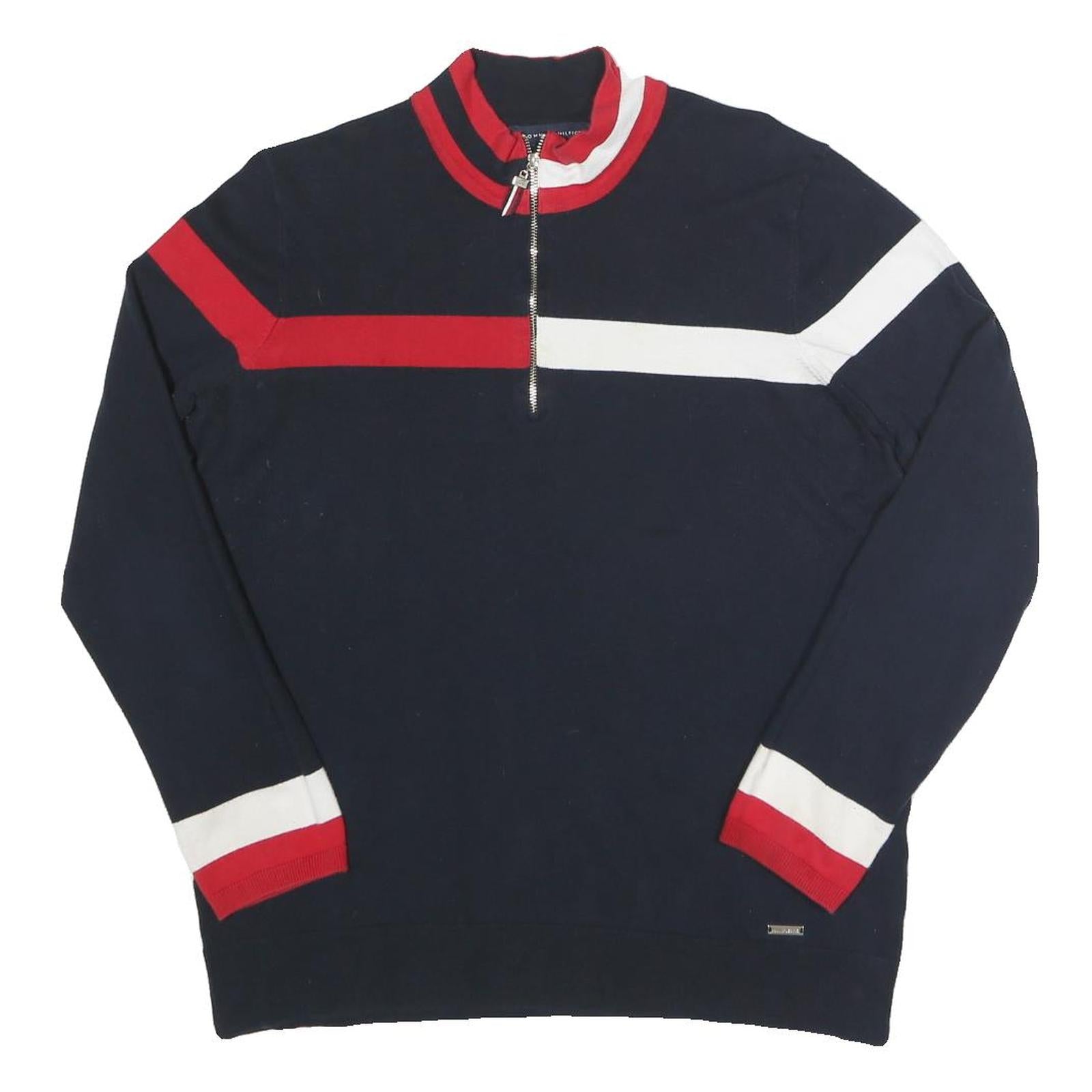 TOMMY HILFIGER Womens Navy Blue & Red Colourblock Zip Neck Cable Knit L Jumper Refurbished - N/A refurbished available on Cerqular