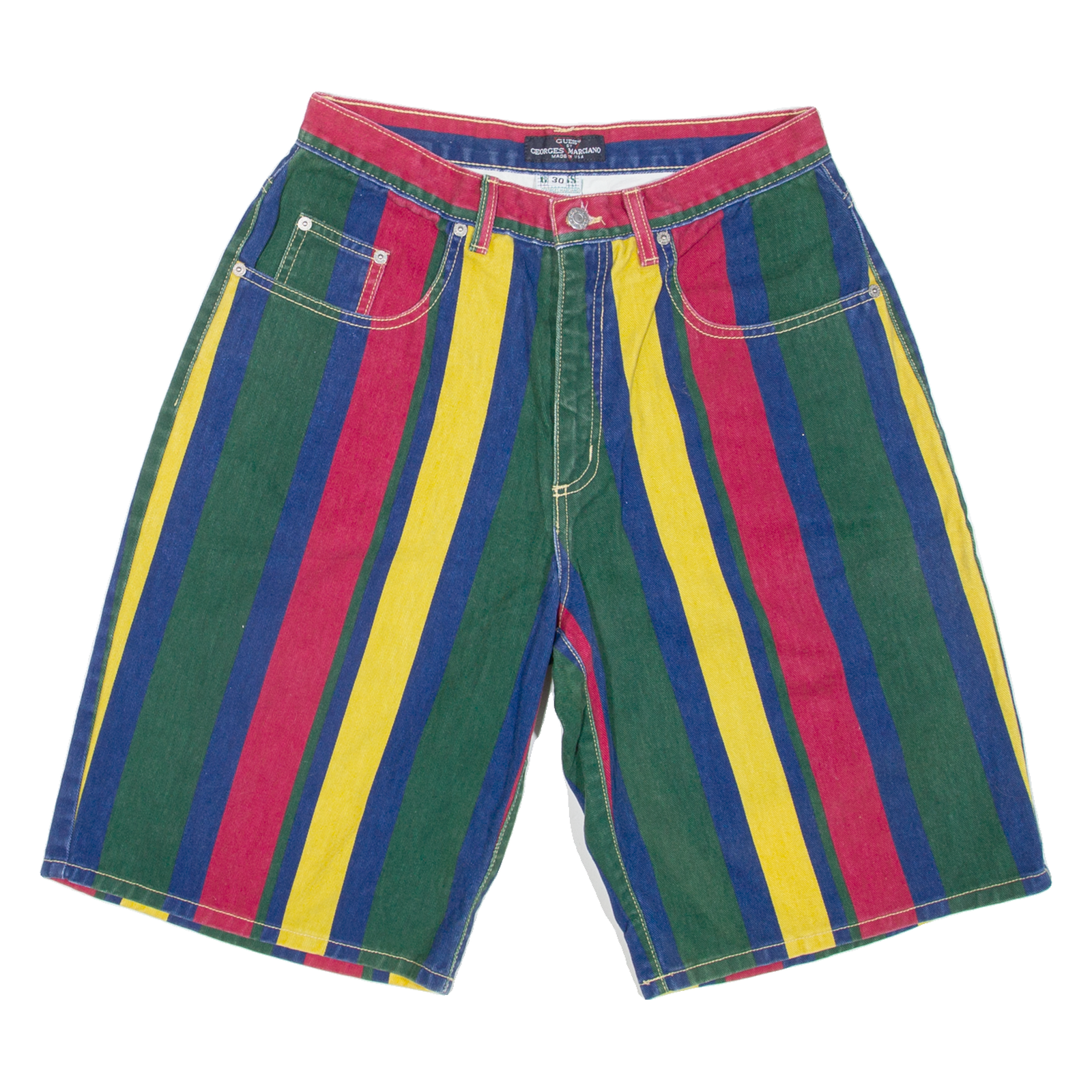 GUESS Mens Denim Shorts Green Relaxed 90s Striped M W30 Refurbished - N/A refurbished available on Cerqular