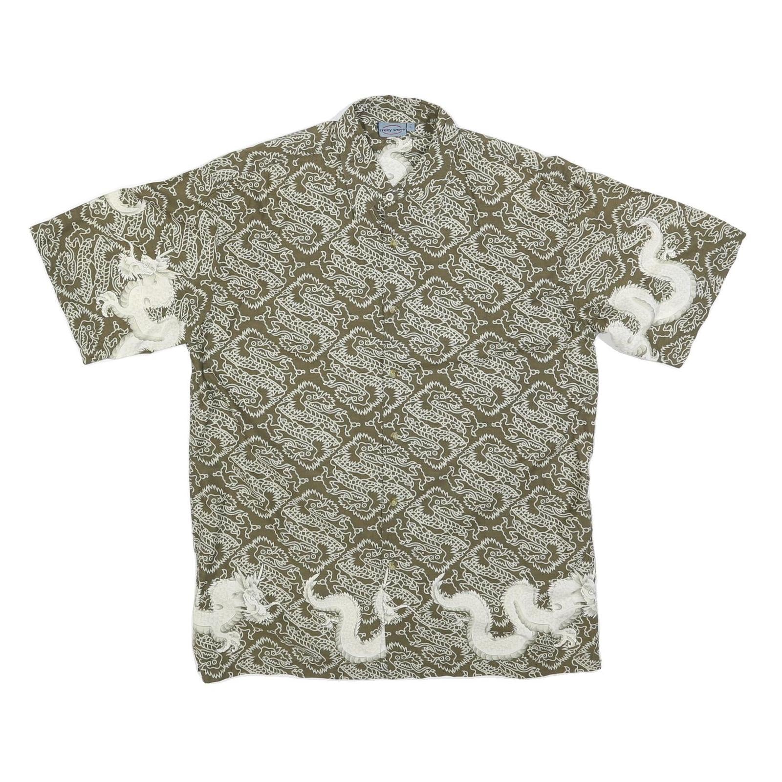CRAZY WAVE Mens Green Cotton Blend Shirt L Dragon Print Casual Summer Refurbished - N/A refurbished available on Cerqular