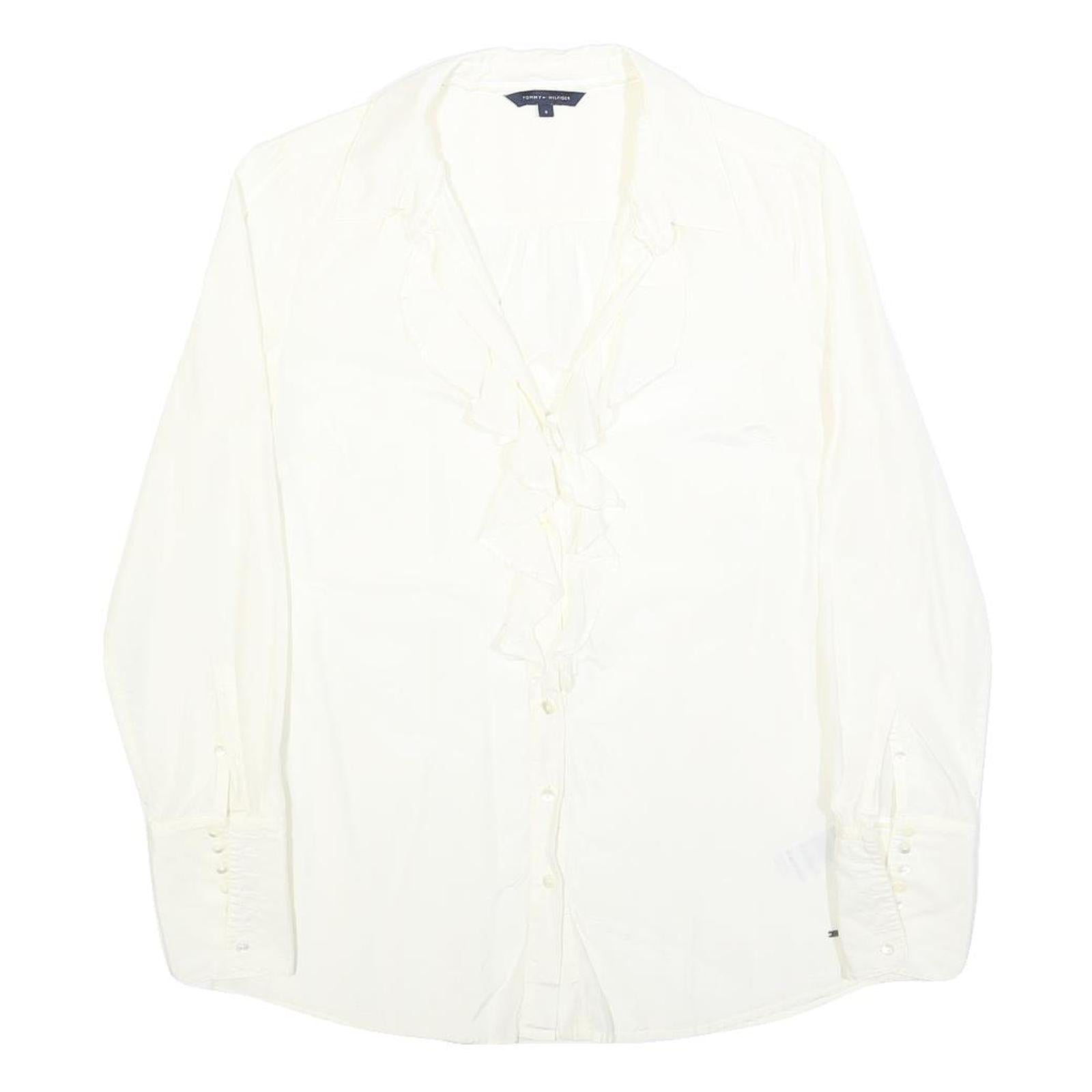 Buy TOMMY HILFIGER Womens White Silk Blend Ruffle Shirt Long Sleeve Collared S Refurbished - $33.79 TOMMY HILFIGER Womens White Silk Blend Ruffle Shirt Long Sleeve Collared S Refurbished - N/A refurbished available on Cerqular