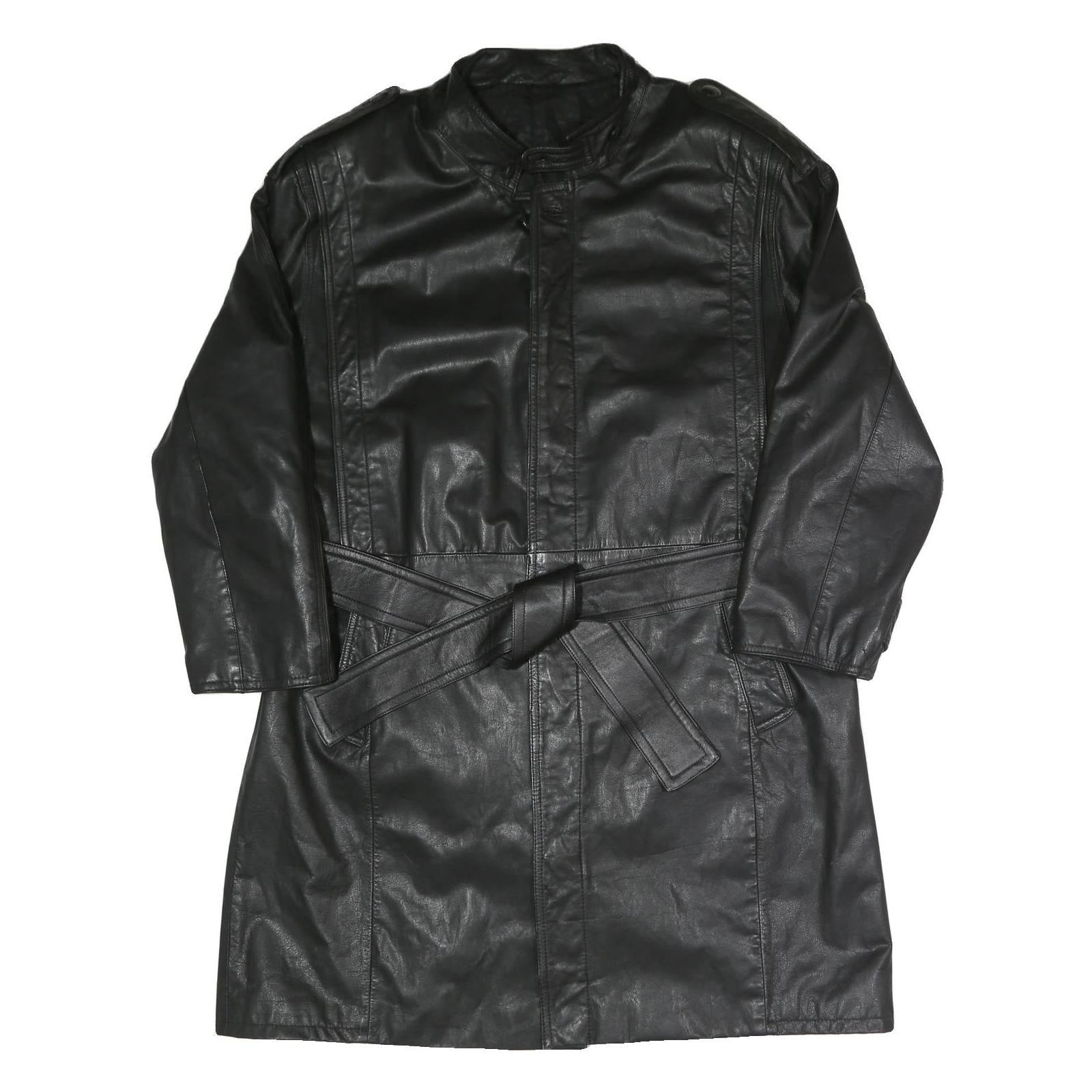 Mens Black Faux Leather Button Jacket L Classic Plain Long Sleeve Belted Refurbished - N/A refurbished available on Cerqular