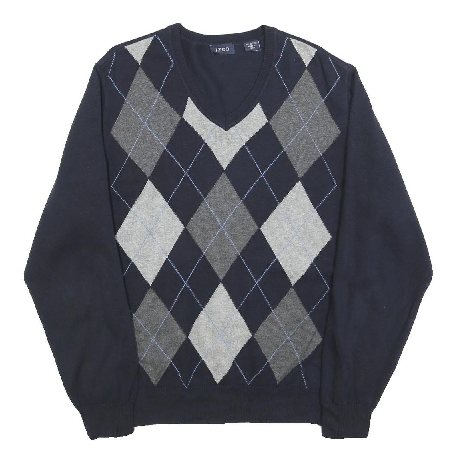 IZOD Mens Navy Blue Grey Argyle Cotton Jumper V-Neck Basic Knit M Classic Refurbished - N/A refurbished available on Cerqular