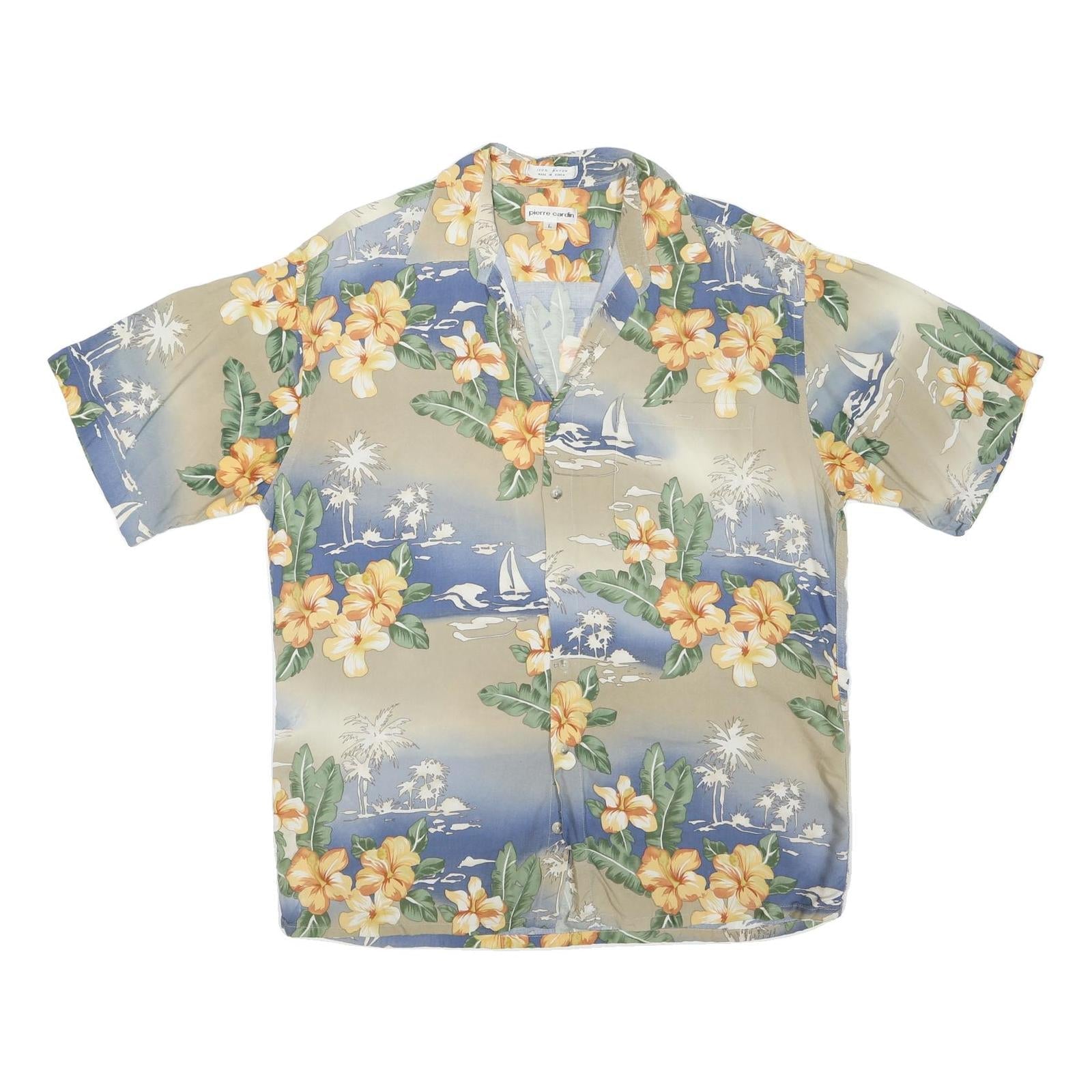 PIERRE CARDIN Mens Beige & Blue Floral Rayon Short Sleeve Shirt L Relaxed Fit Refurbished - N/A refurbished available on Cerqular