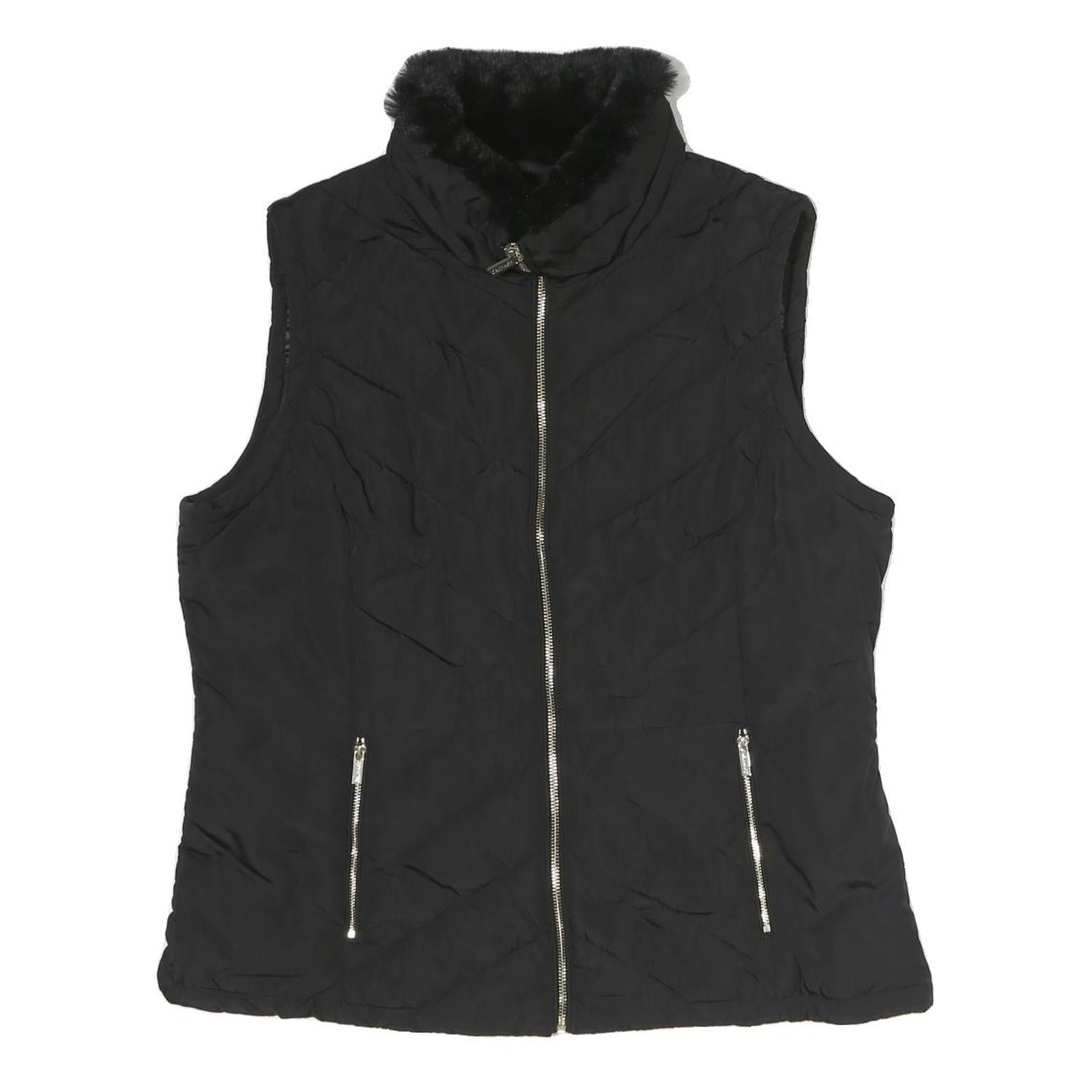 CALVIN KLEIN Womens Black Zip Jacket L Polyester Plain Sleeveless Fur Collar Refurbished - N/A refurbished available on Cerqular
