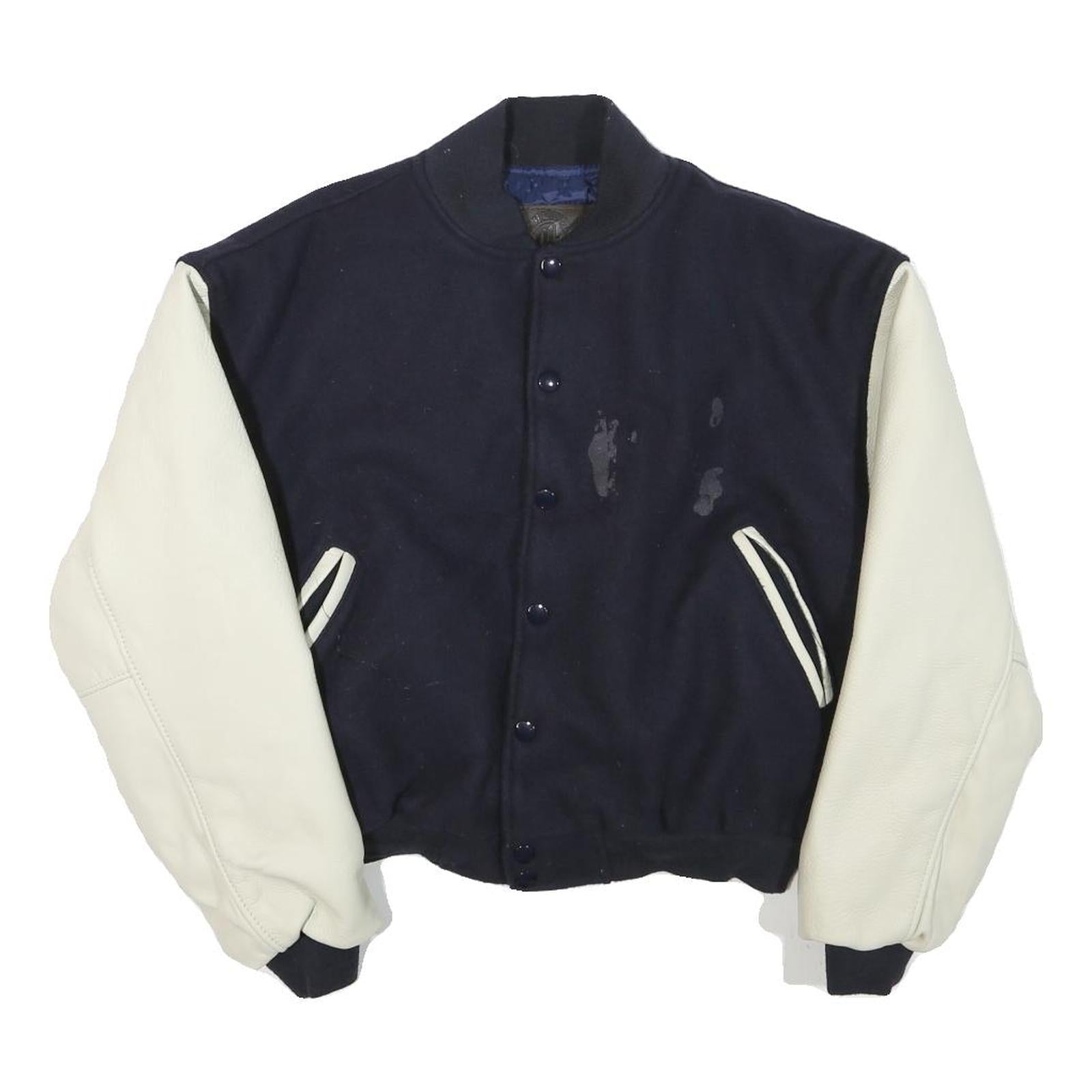 Mens Navy Blue & Cream Wool Blend Button Jacket XS Classic Bomber Style Refurbished - N/A refurbished available on Cerqular