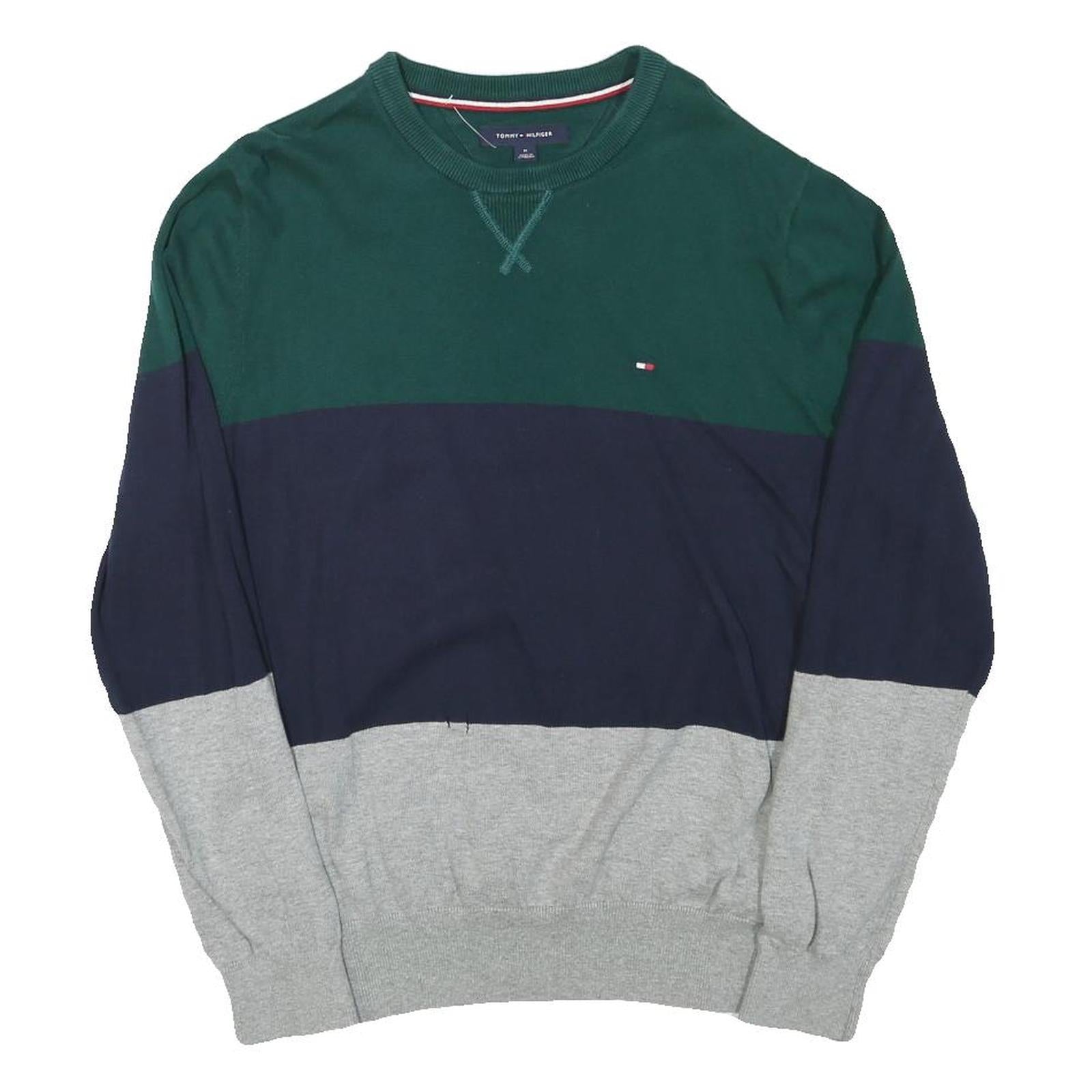 TOMMY HILFIGER Mens Green & Navy & Grey Colourblock Pattern Crew Neck Basic Knit Refurbished - N/A refurbished available on Cerqular