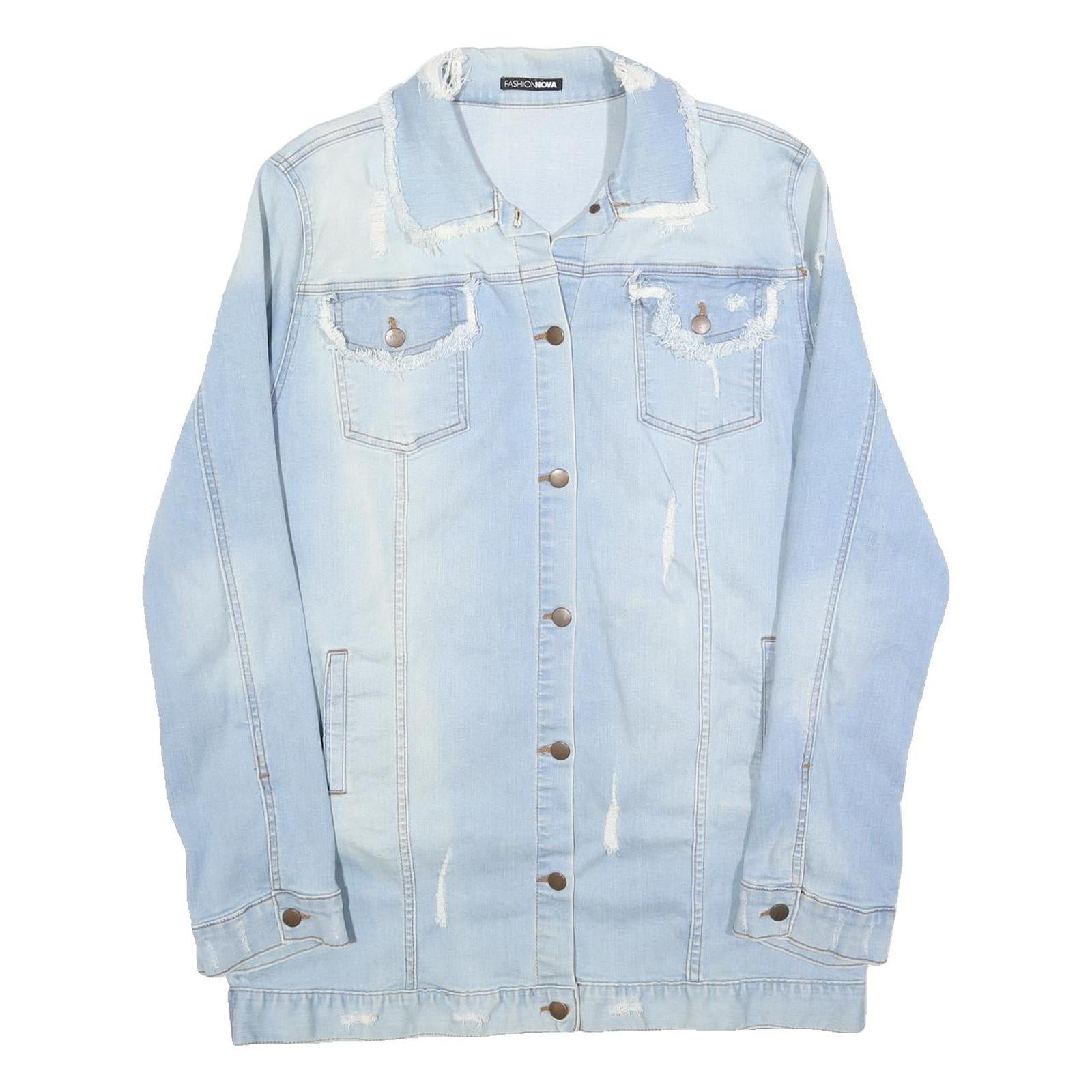 FASHION NOVA Womens Blue Denim Jacket XL Cotton Distressed Button Fastening Long Refurbished - N/A refurbished available on Cerqular
