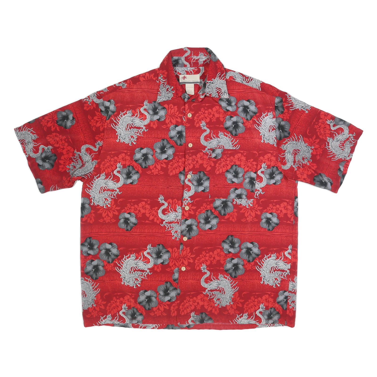ISLAND TROPICS Mens Red Floral Dragon Print Shirt L Polyester Summer Casual Refurbished - N/A refurbished available on Cerqular