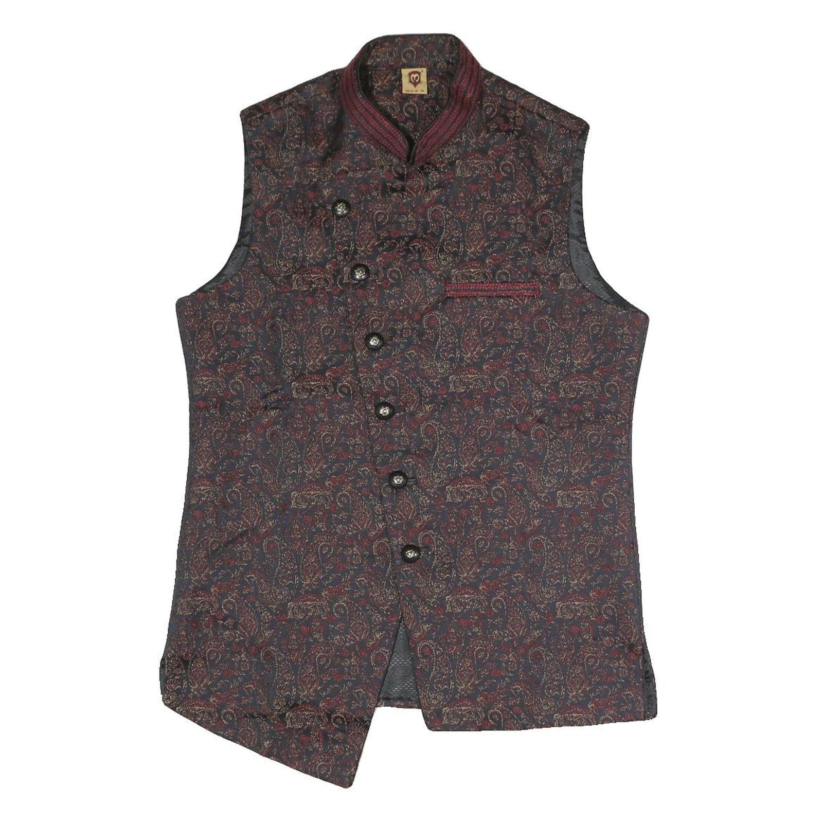 Mens Black & Maroon Patterned Button Jacket S Polyester Blend Woven Stand-Up Refurbished - N/A refurbished available on Cerqular