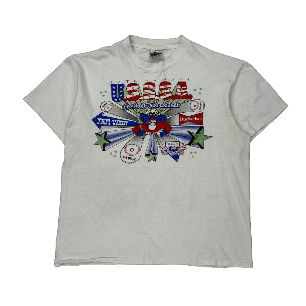 USssa Softball Tournament Oneita Graphic T-Shirt - XL White Cotton Refurbished - Thrifted (note: this is a term often used to describe second- refurbished available on Cerqular